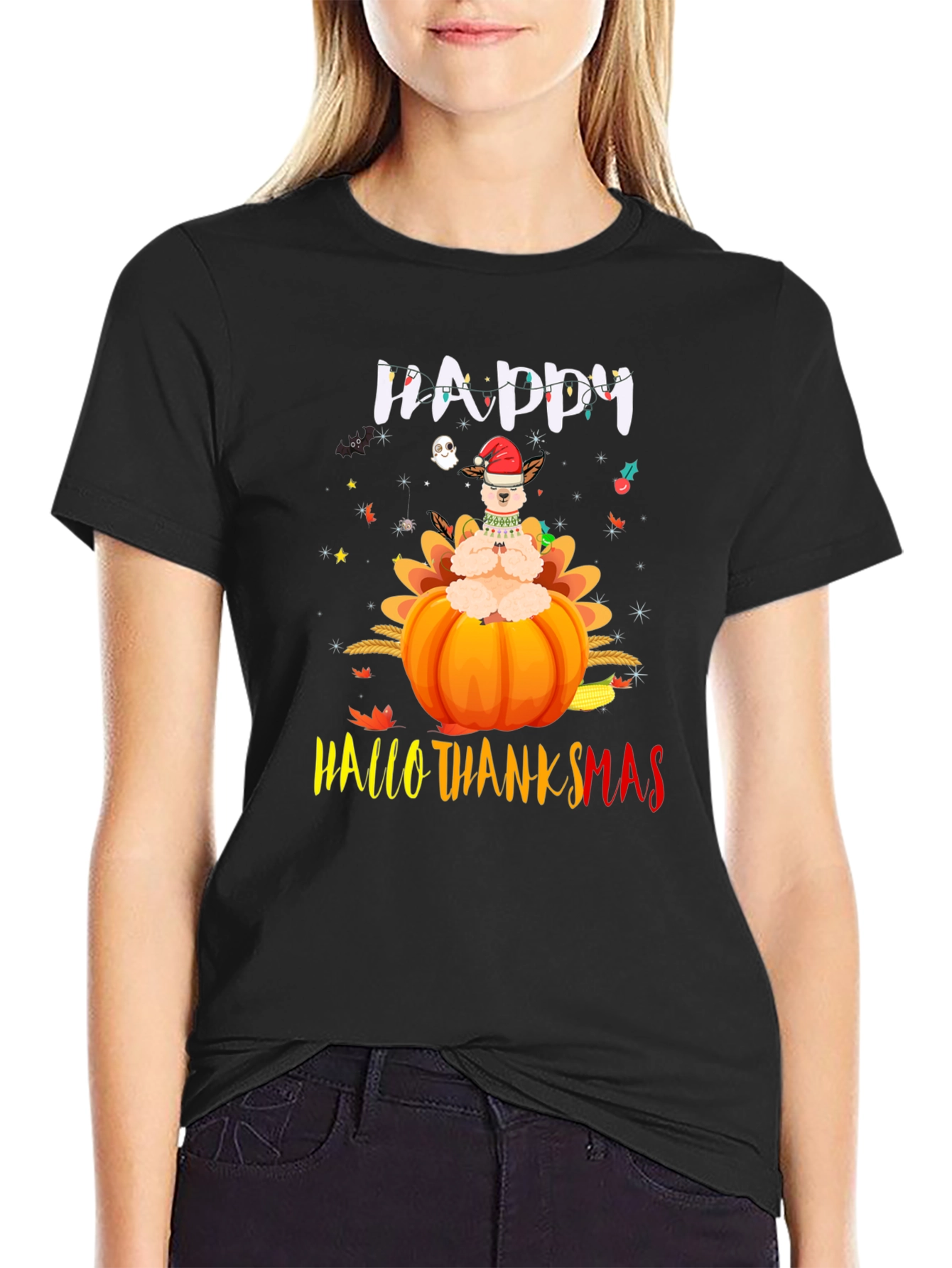 Black Happy HalloThanksmas Llama T-Shirt view 2