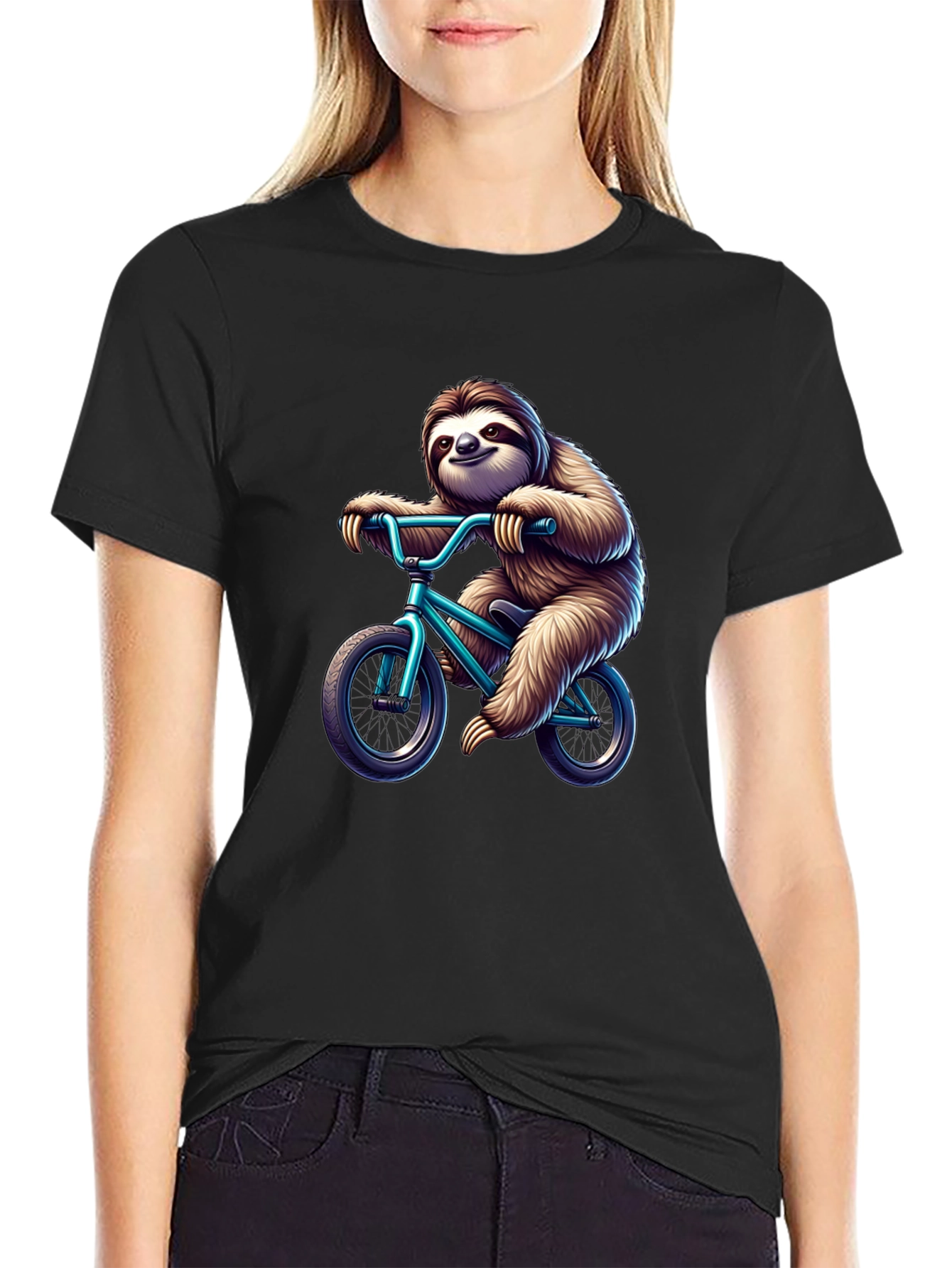 Black Sloth on Bike Graphic T-Shirt - Fun & Unique Design view 2