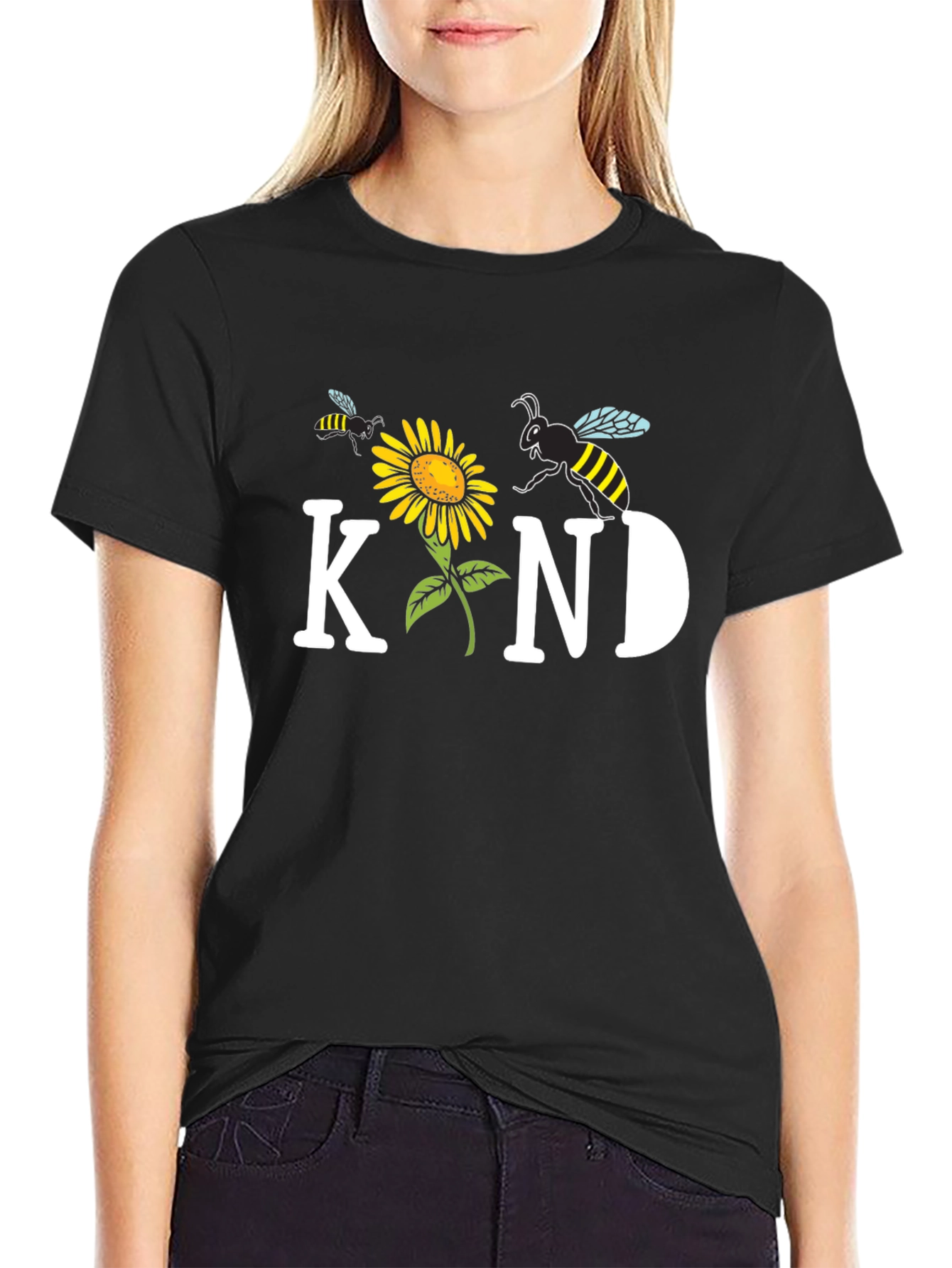 Black Kind Bee Sunflower Graphic Tee - Unisex Black T-Shirt view 2