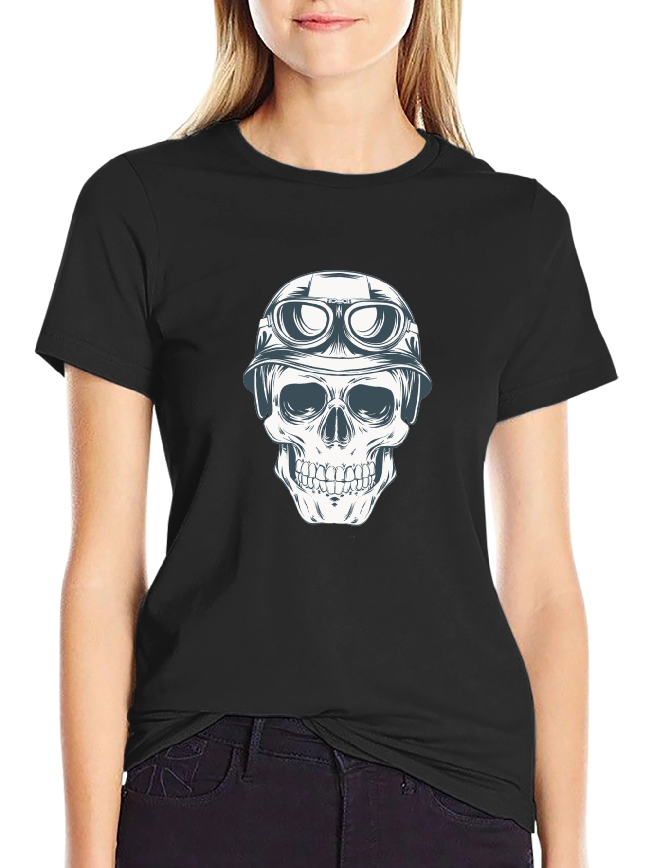 Black Skull in Helmet Graphic Tee - Black Cotton T-Shirt view 2
