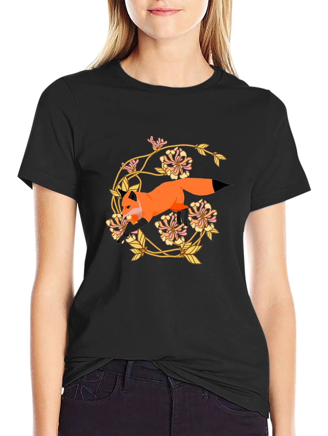 Black Fox and Floral Graphic Tee view 2