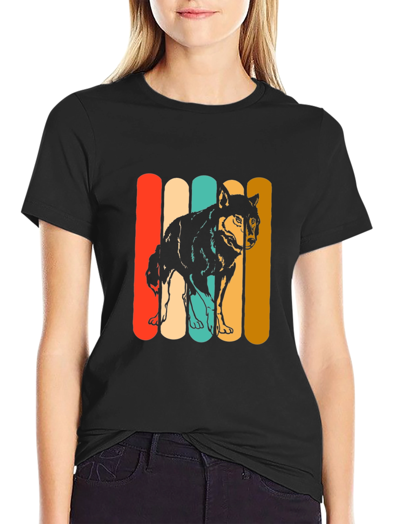 Black Retro Wolf T-Shirt - Vintage Style Graphic Tee view 2