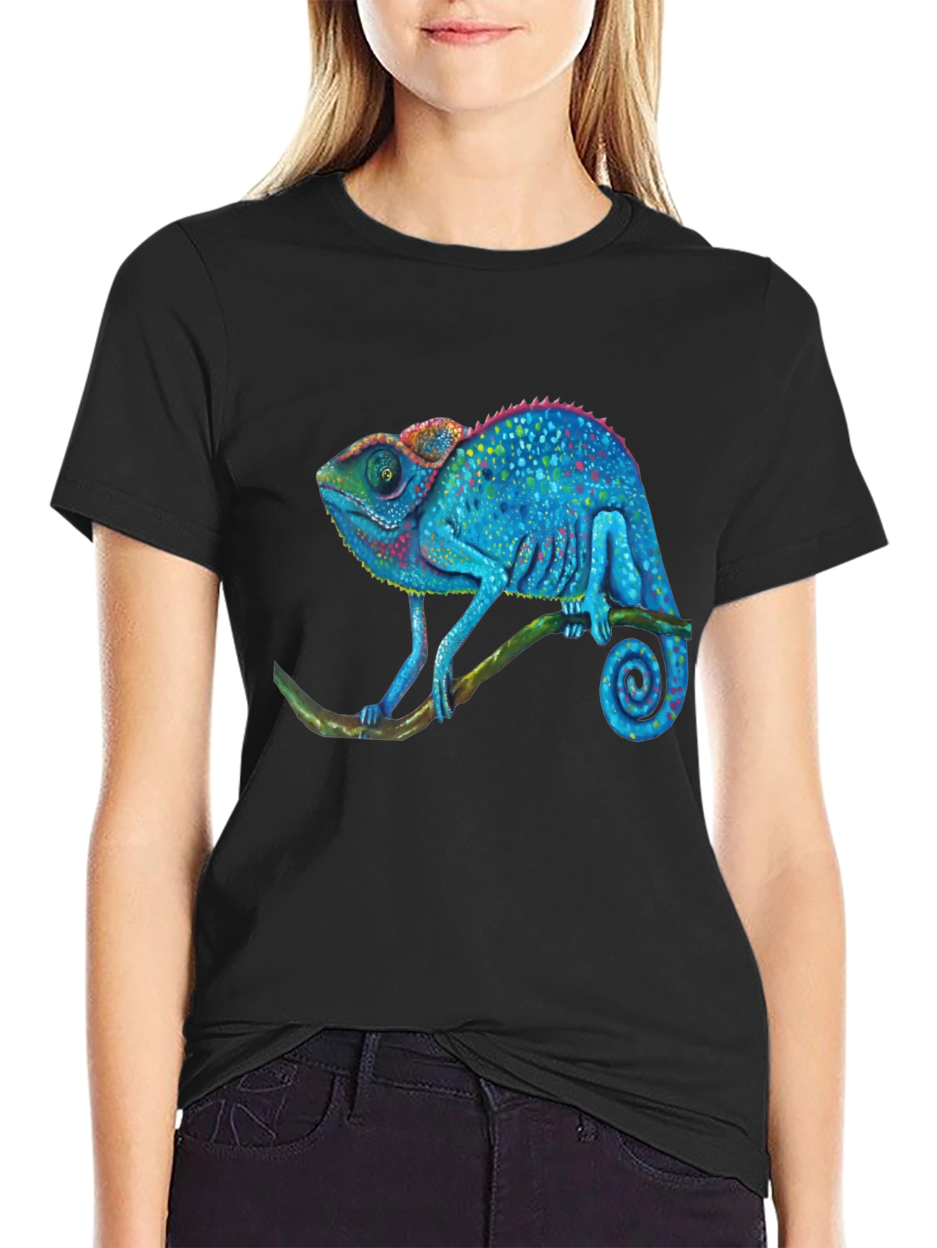 Black Blue Chameleon Graphic T-Shirt - Unique Reptile Design view 2