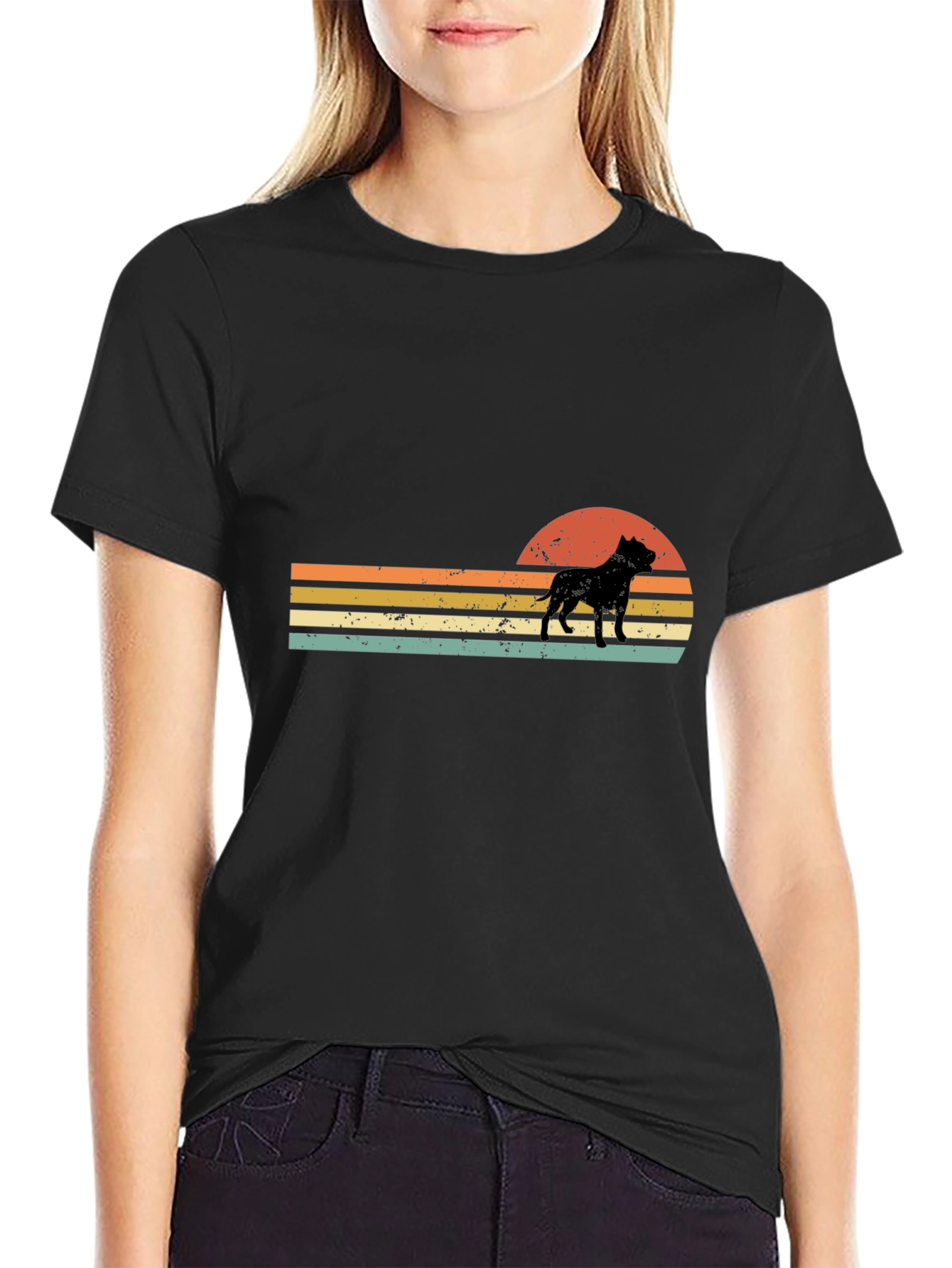 Black Retro Pitbull Sunset T-Shirt view 2