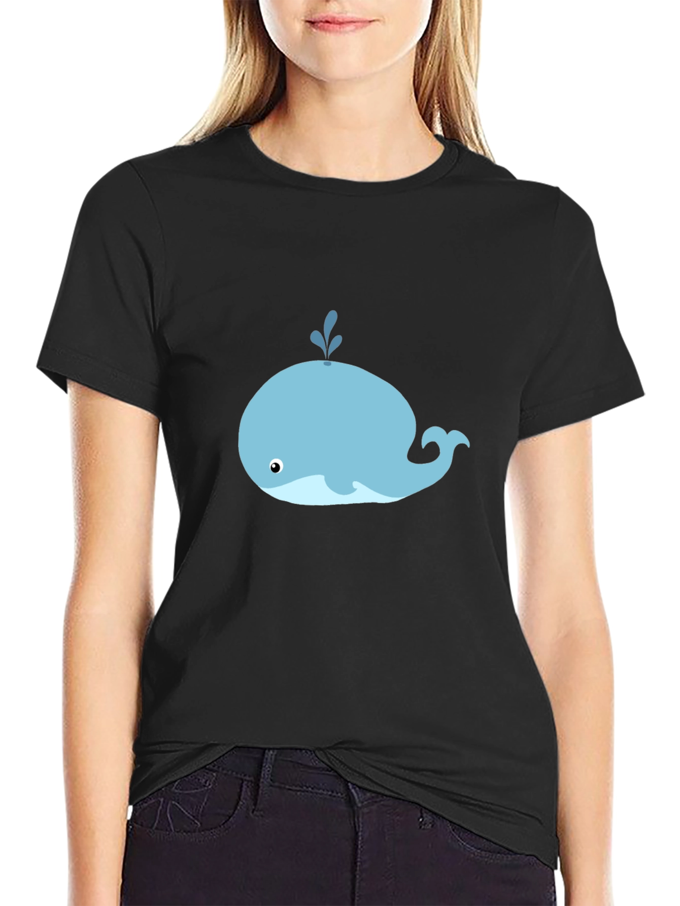 Black Cute Whale Graphic Tee - Black Cotton T-Shirt view 2