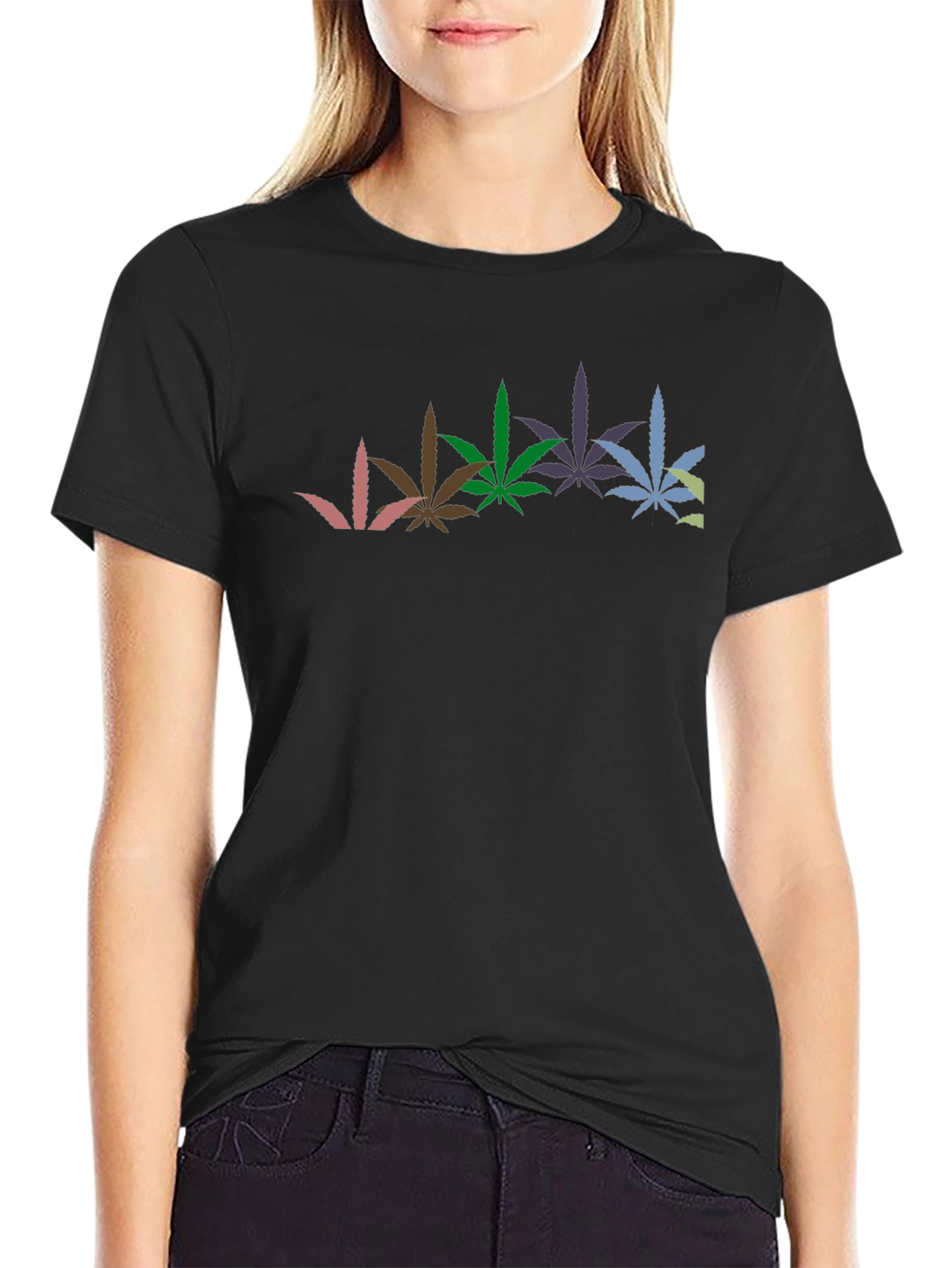 Black Cool Graphic Black T-Shirt with Weed Leaves view 2