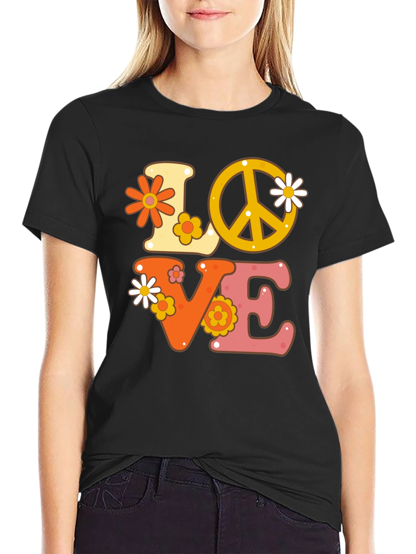 Black Retro Love Peace Sign Graphic Tee view 2