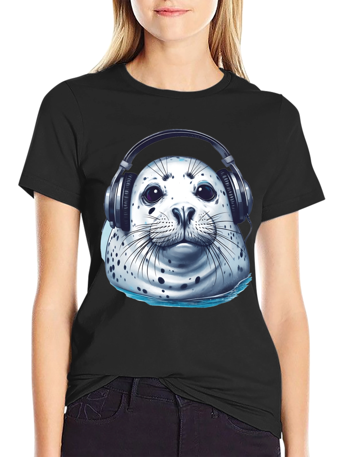 Black Seal with Headphones Graphic Tee view 2
