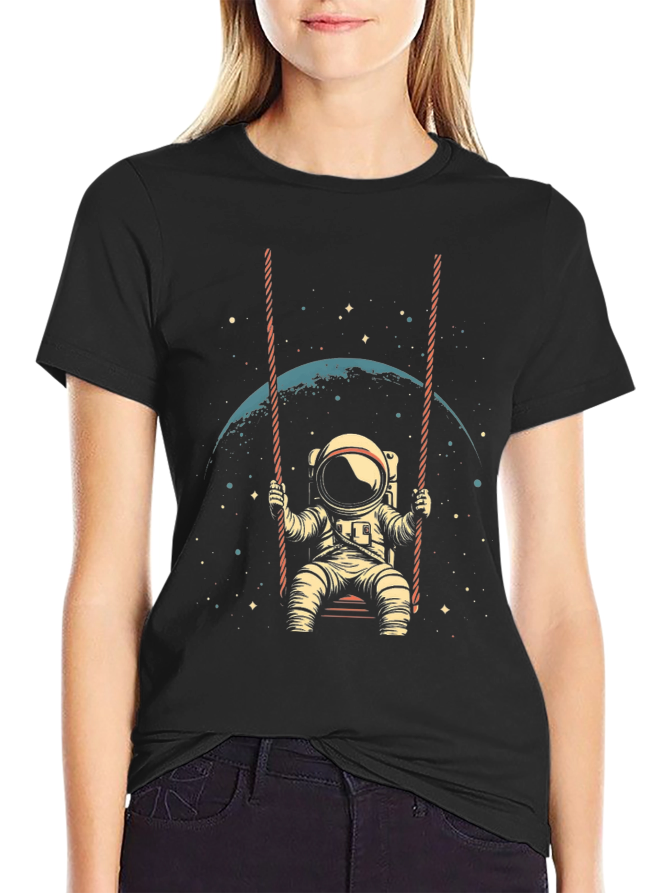 Black Astronaut on Swing T-Shirt - Space Lover Tee view 2