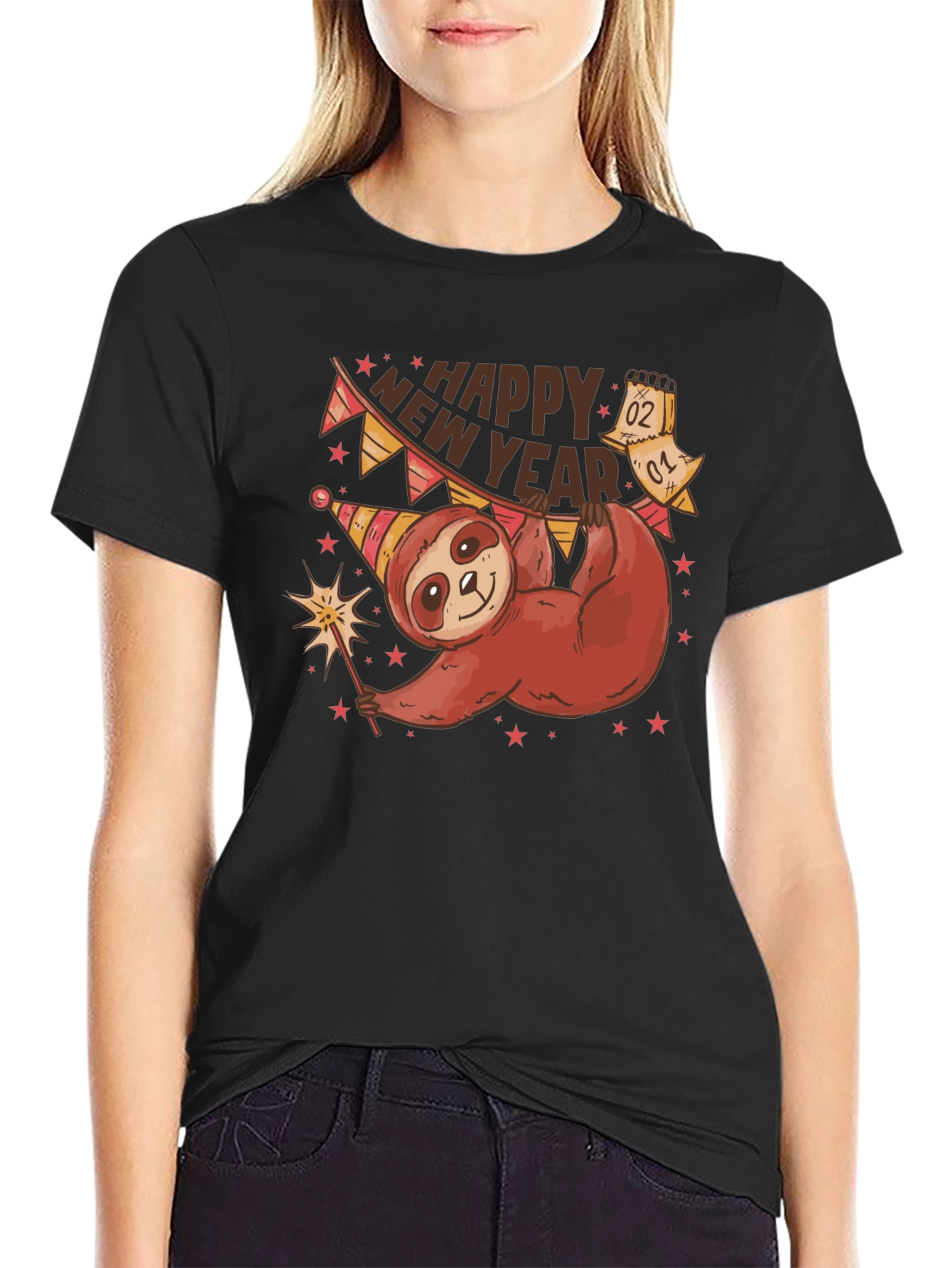 Black Happy New Year Sloth T-Shirt view 2