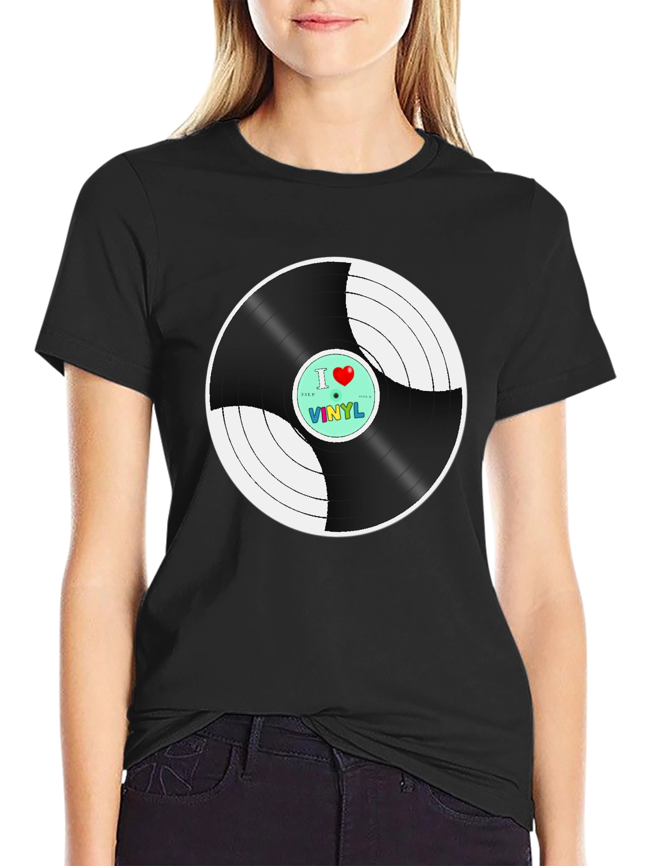 Black I Heart Vinyl Graphic T-Shirt - Classic Retro Music Tee view 2