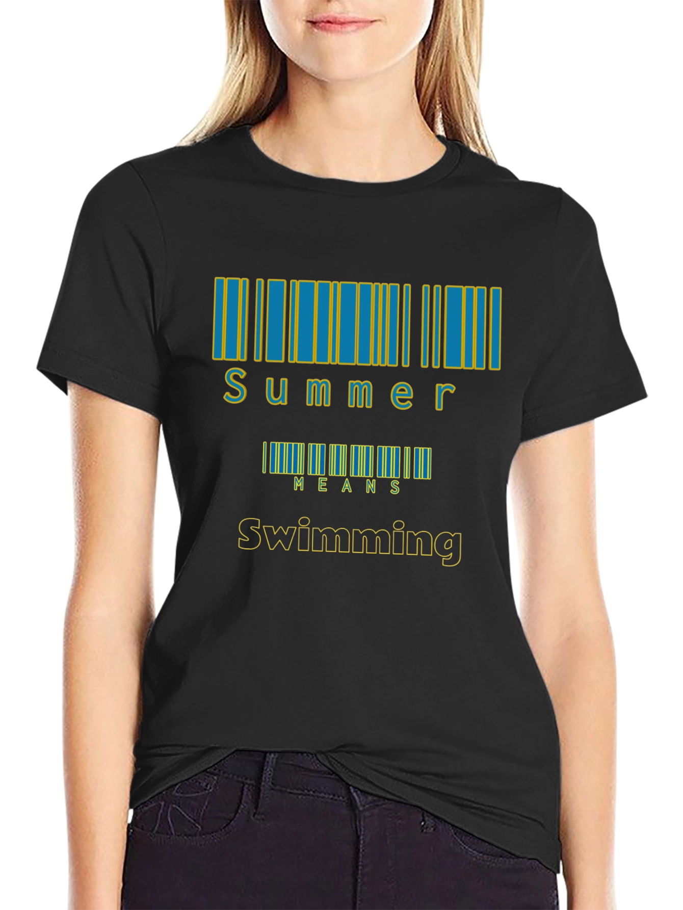 Black Summer Swimming T-Shirt, Barcode Design view 2