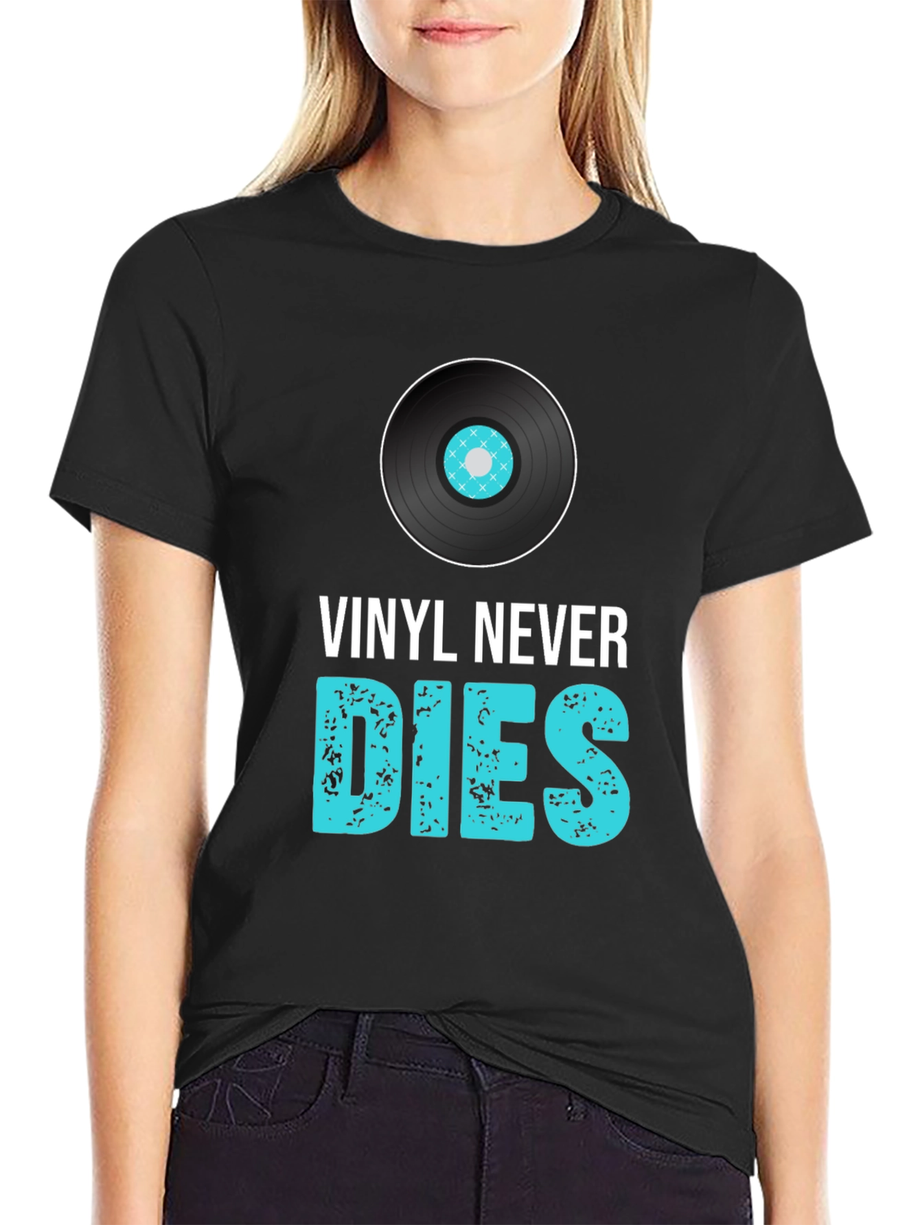 Black Vinyl Never Dies Graphic Tee - Music Lover T-Shirt view 2