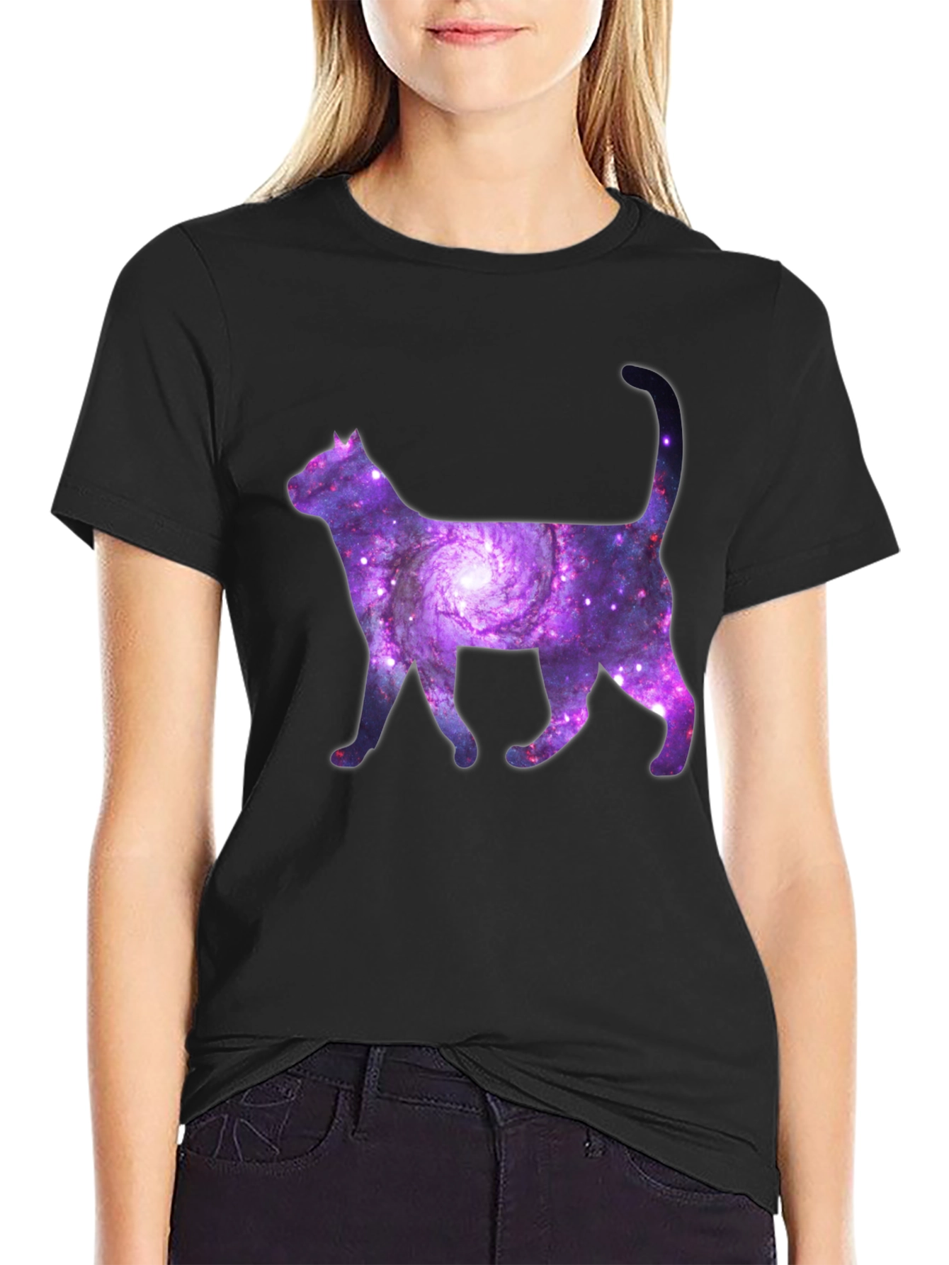Black Galaxy Cat Graphic Tee - Trendy Space Design view 2