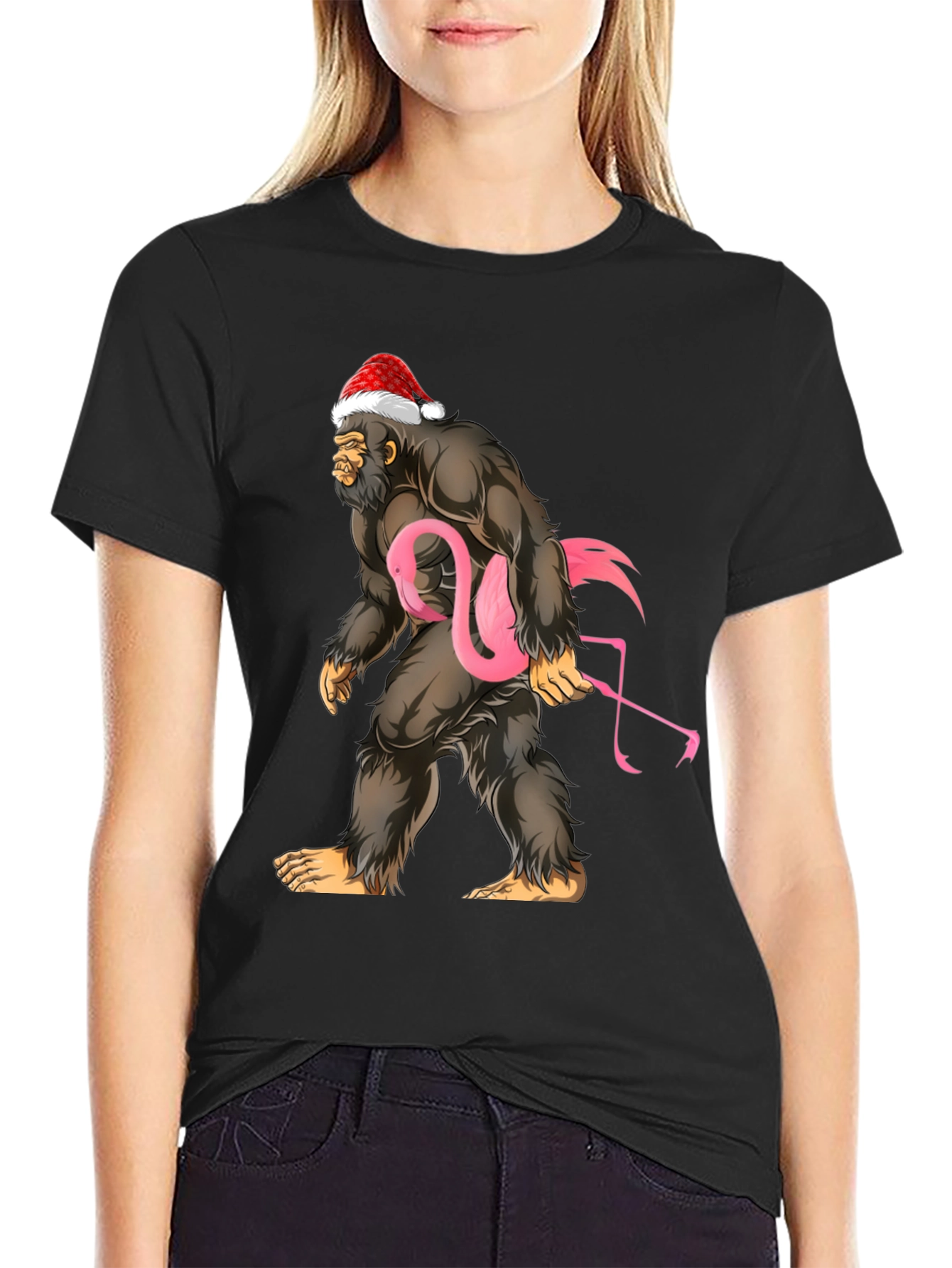 Black Bigfoot Santa Flamingo T-Shirt view 2