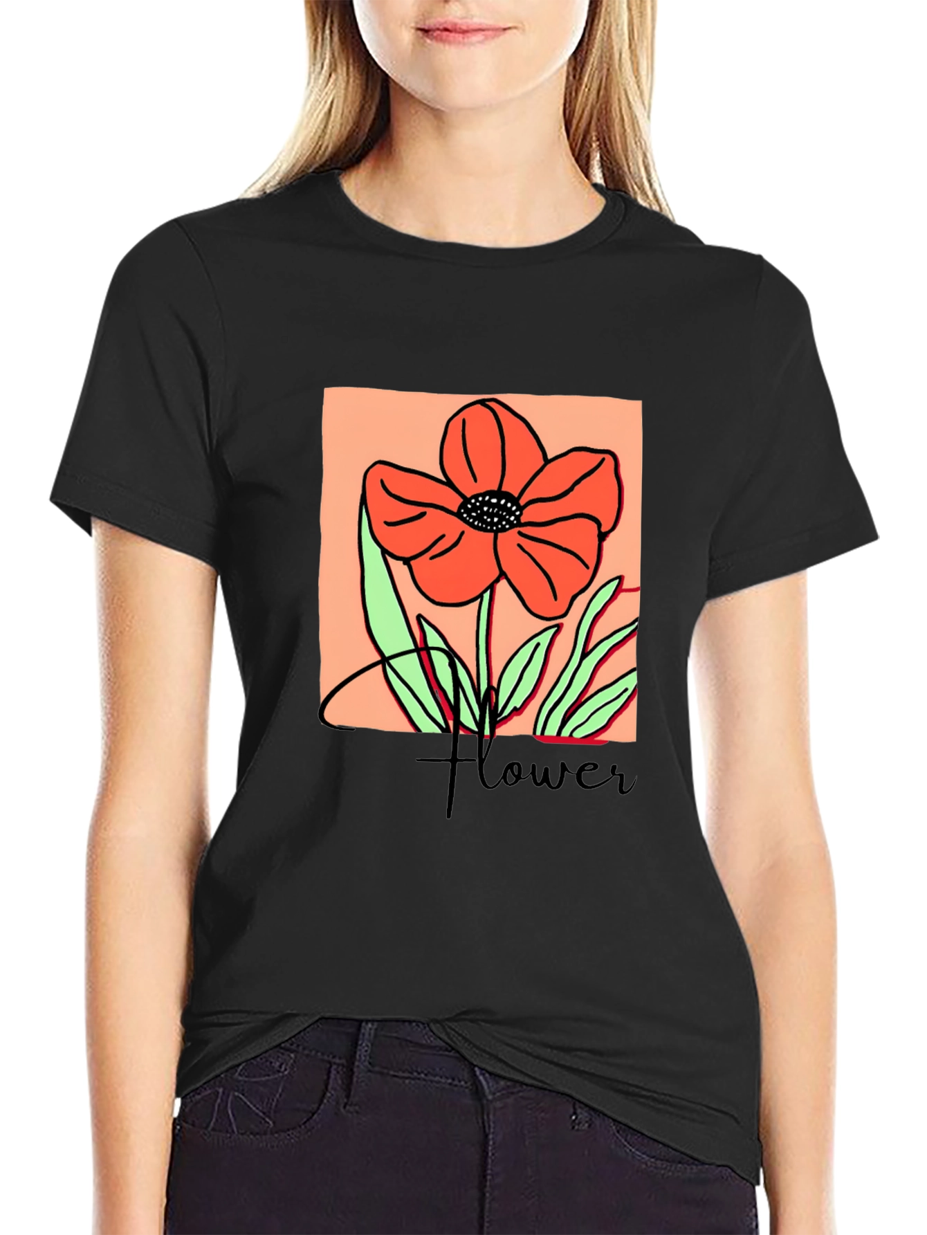 Black Floral Graphic T-Shirt - Artistic Flower Design view 2