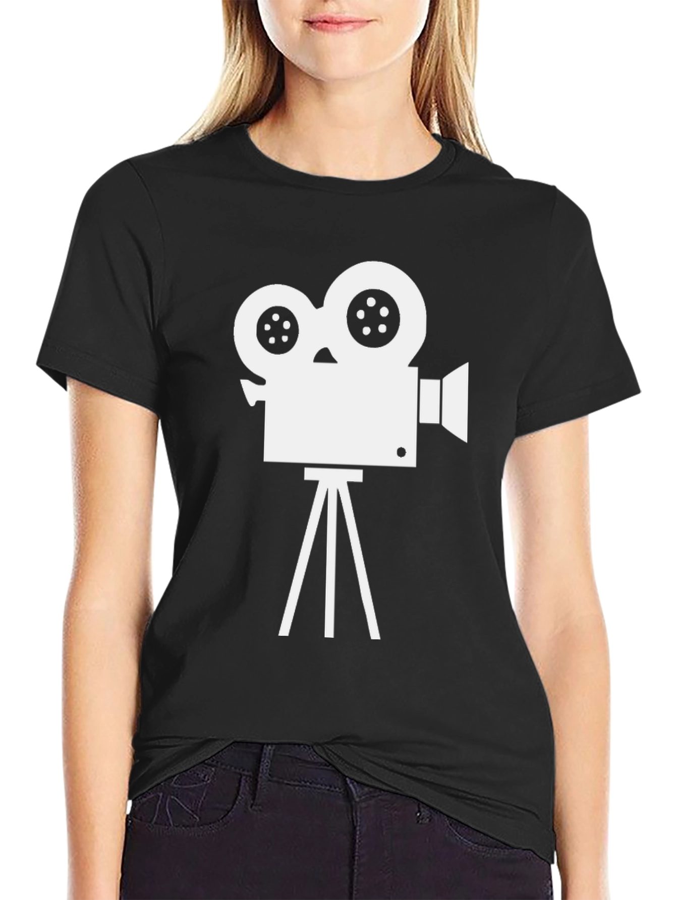 Black Retro Movie Camera Graphic Tee - Black Cotton Blend view 2