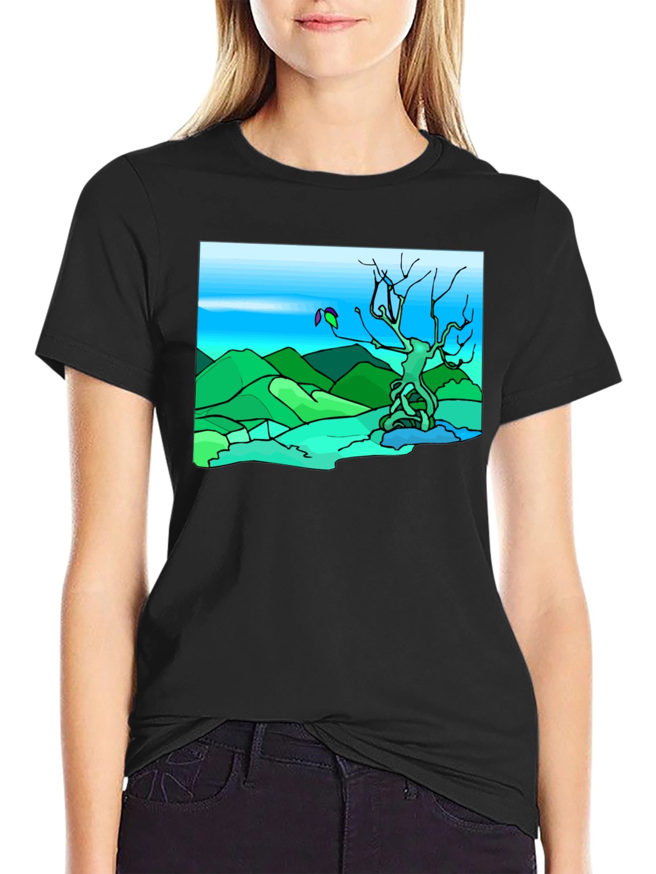 Black Artsy Nature Scene Black T-Shirt view 2