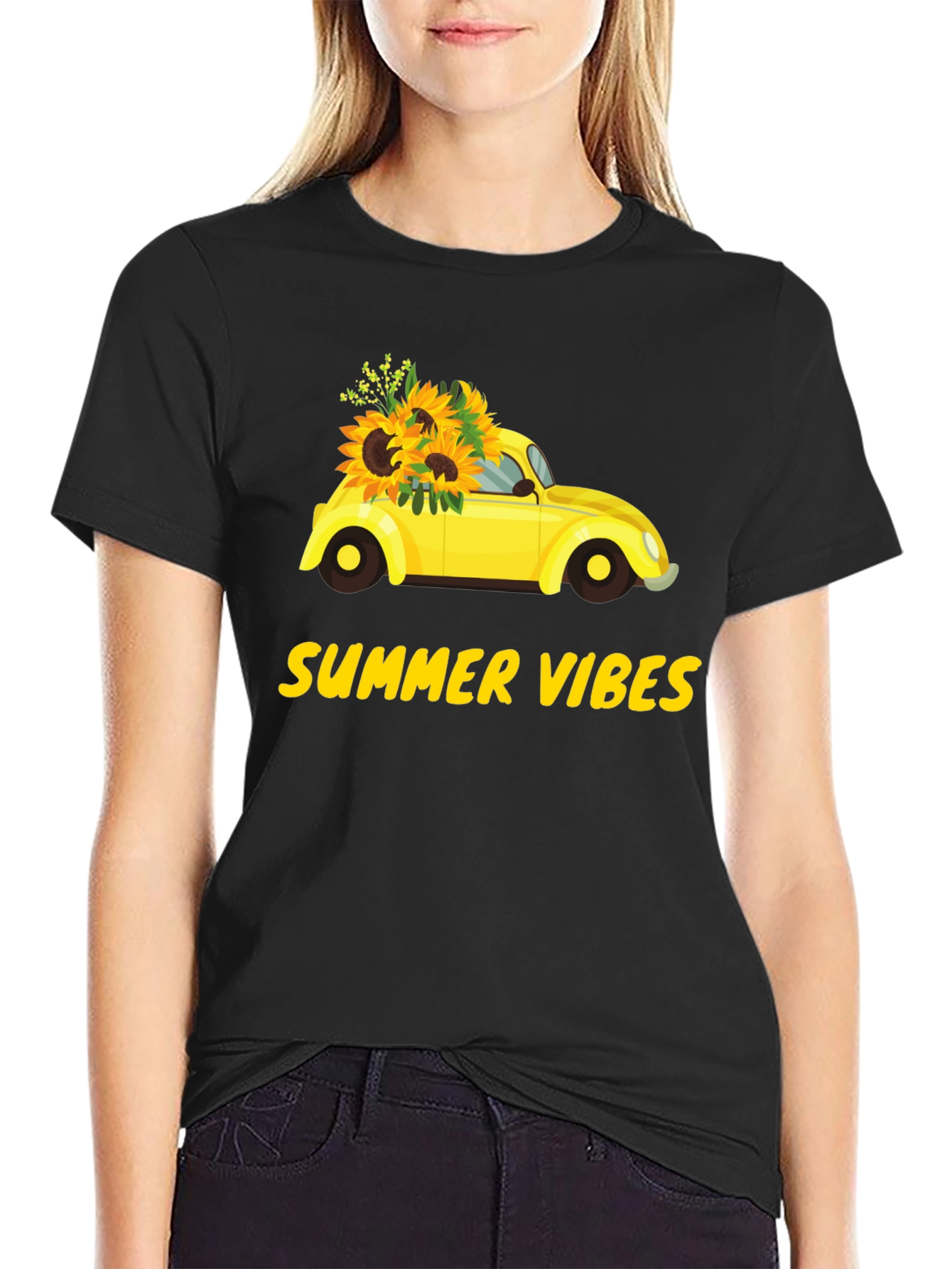 Black Summer Vibes Sunflower Car Graphic T-Shirt view 2