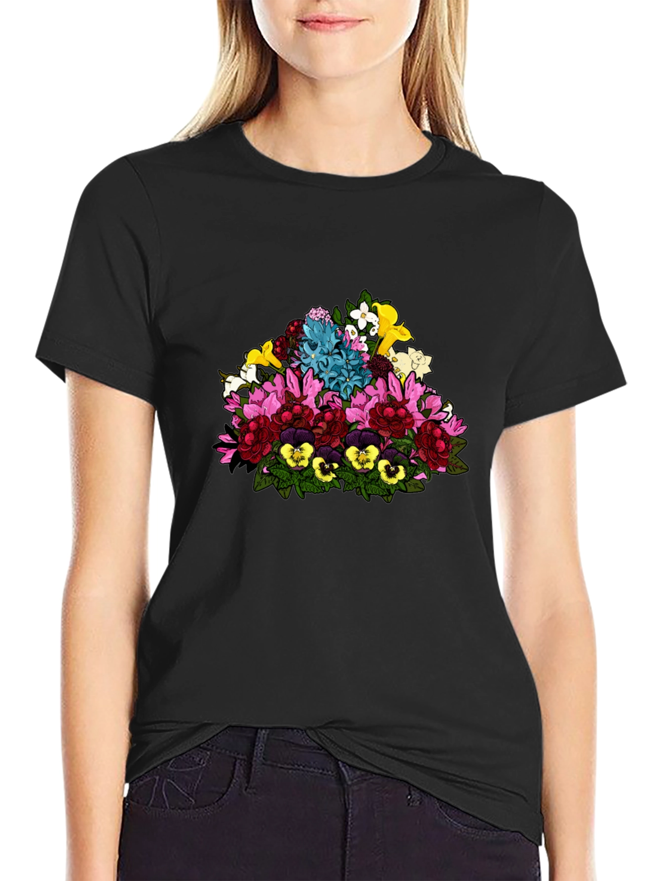 Black Floral Bouquet Graphic Black T-Shirt view 2