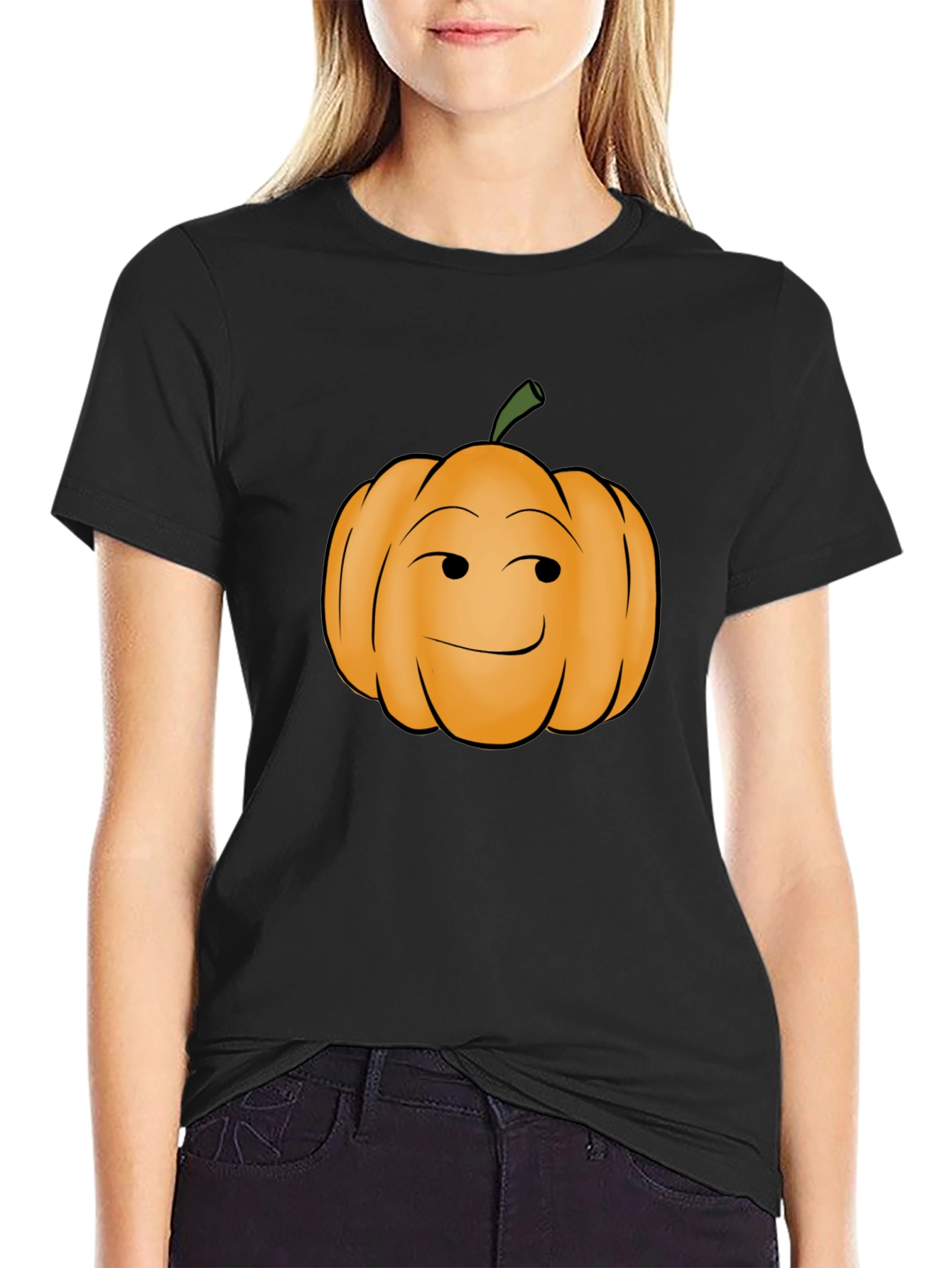 Black Smirking Pumpkin Graphic Tee - Black Cotton T-Shirt view 2