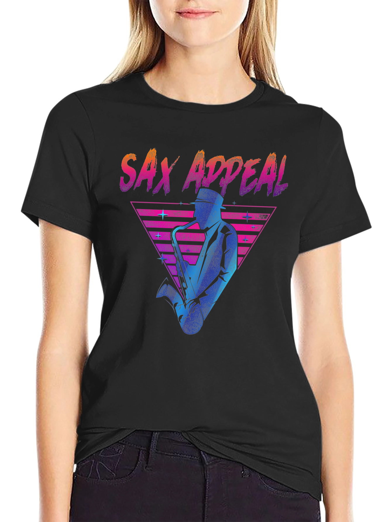 Black Sax Appeal T-Shirt - Retro 80s Design view 2