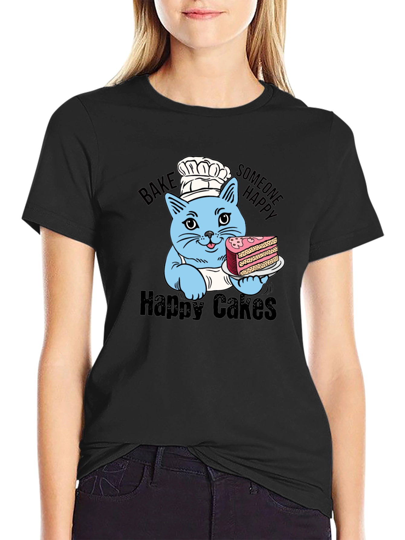 Black Happy Cakes T-Shirt: Cute Cat Baker view 2