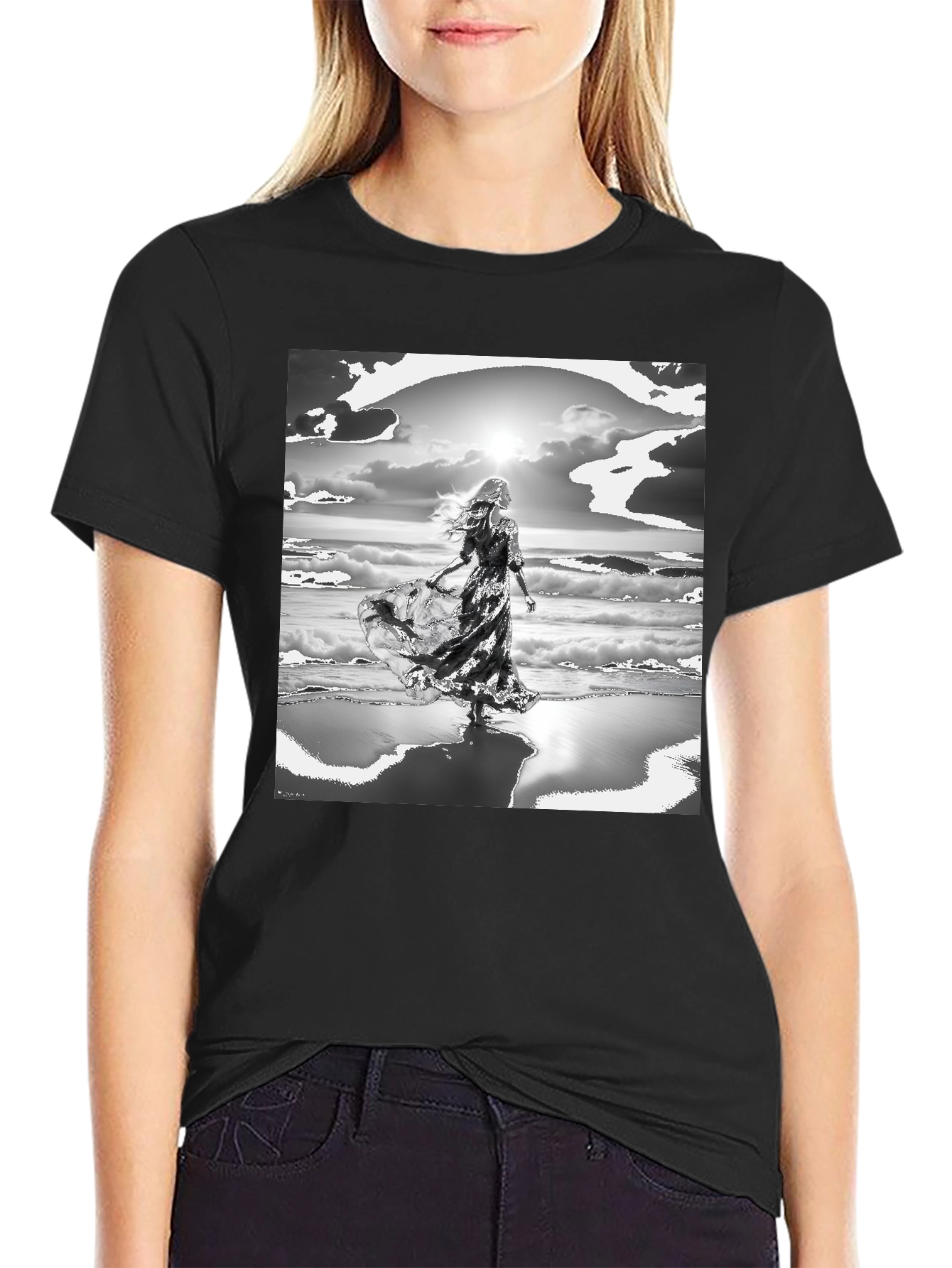 Black Woman on Beach Graphic Tee - Black view 2