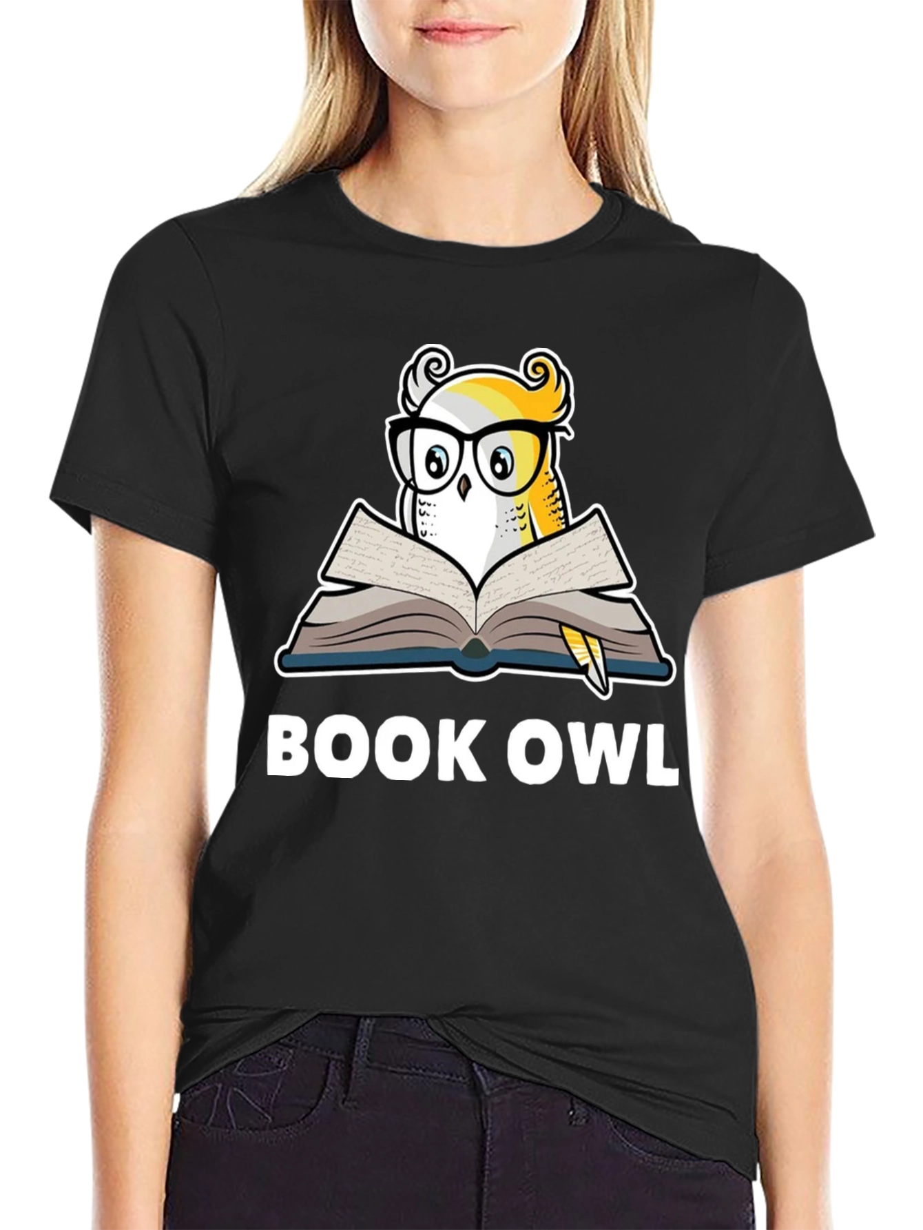 Black Book Owl Graphic T-Shirt - Black Cotton Tee view 2