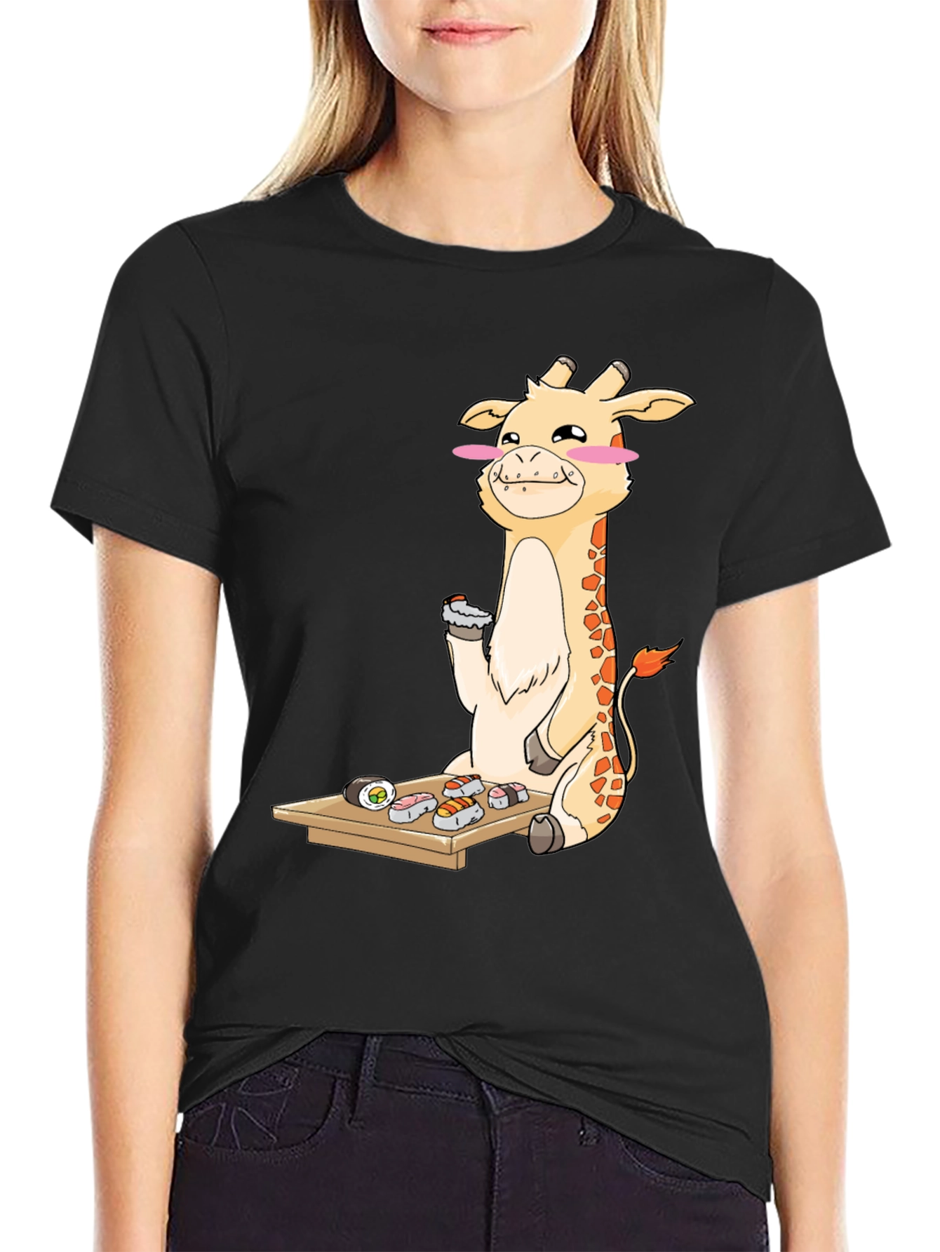 Black Giraffe Sushi Lover T-Shirt - Fun Cartoon Graphic Tee view 2