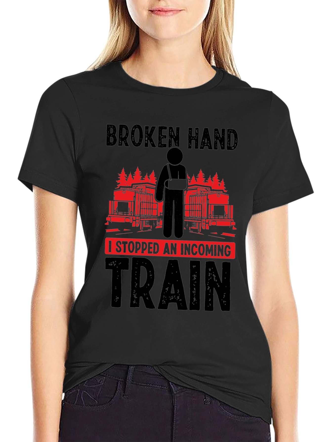 Black Broken Hand Incoming Train Funny T-Shirt view 2