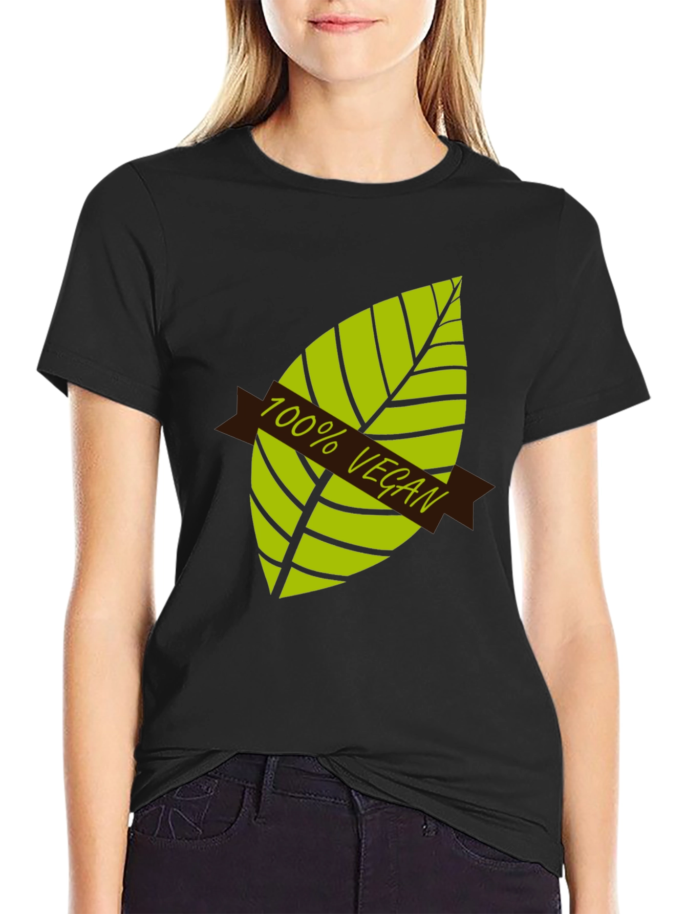 Black 100% Vegan Graphic T-Shirt - Black, Leaf Design view 2