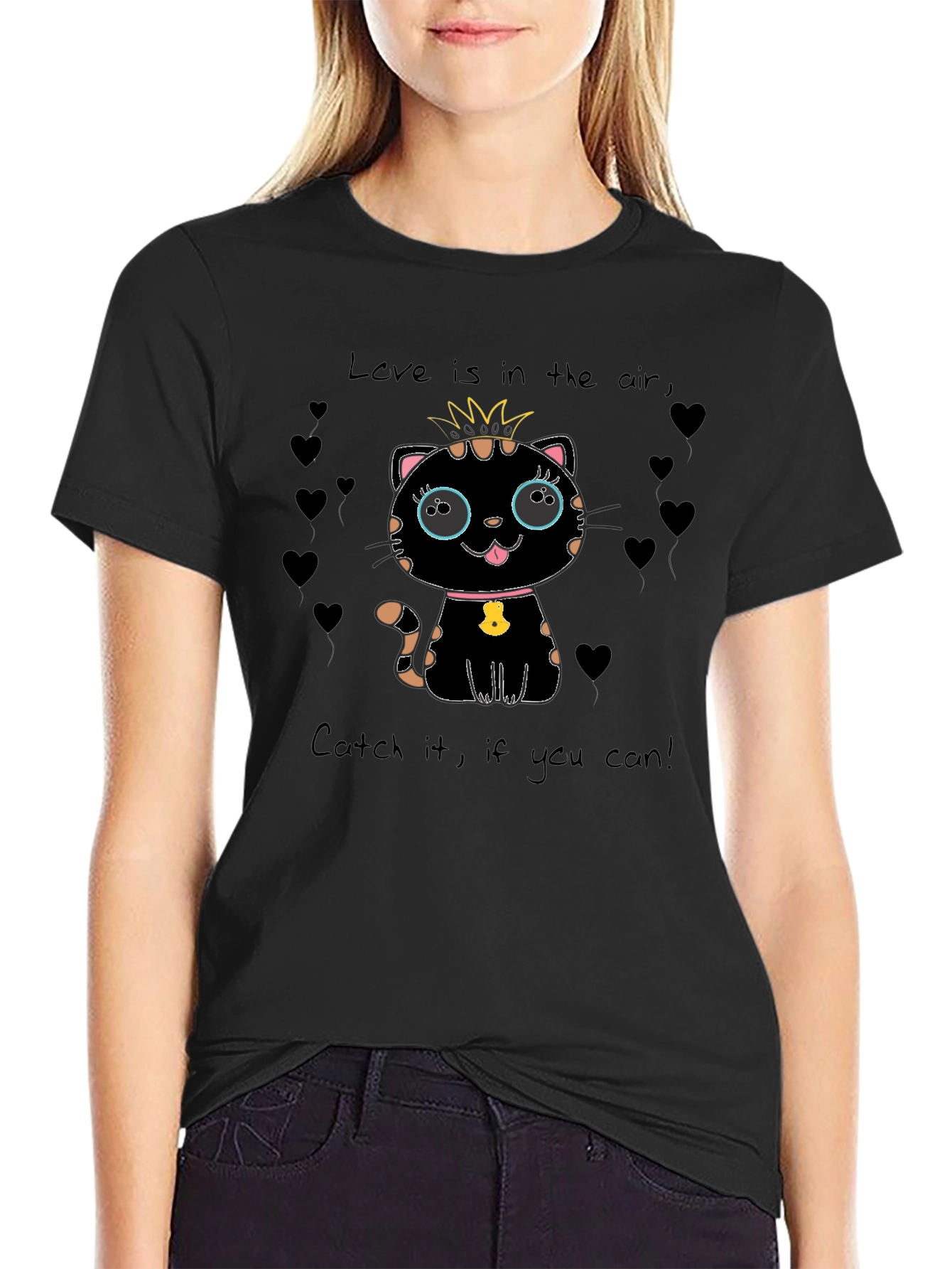 Black Cute Cat Love T-Shirt view 2