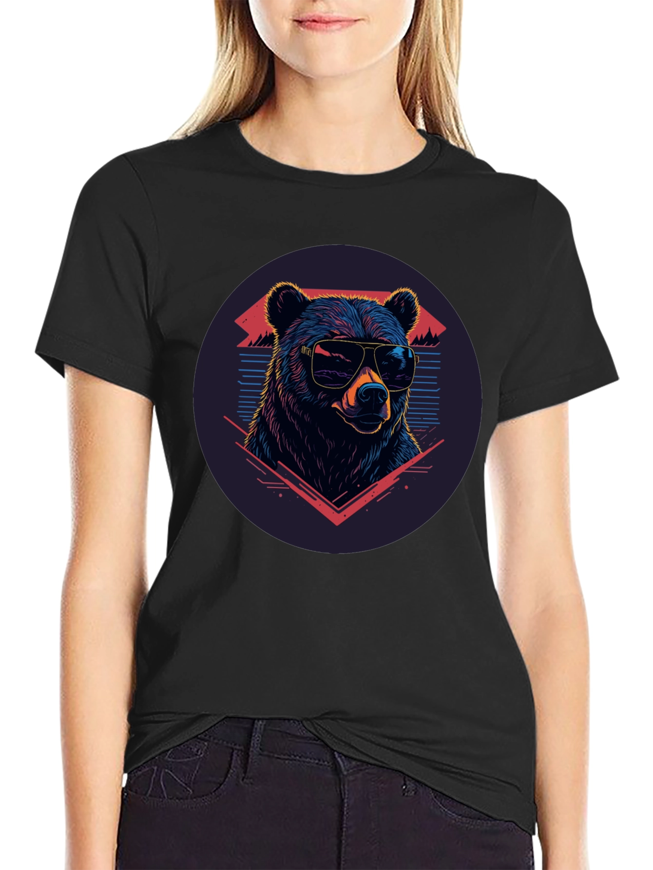 Black Cool Bear Graphic Tee - Retro Style Black T-Shirt view 2