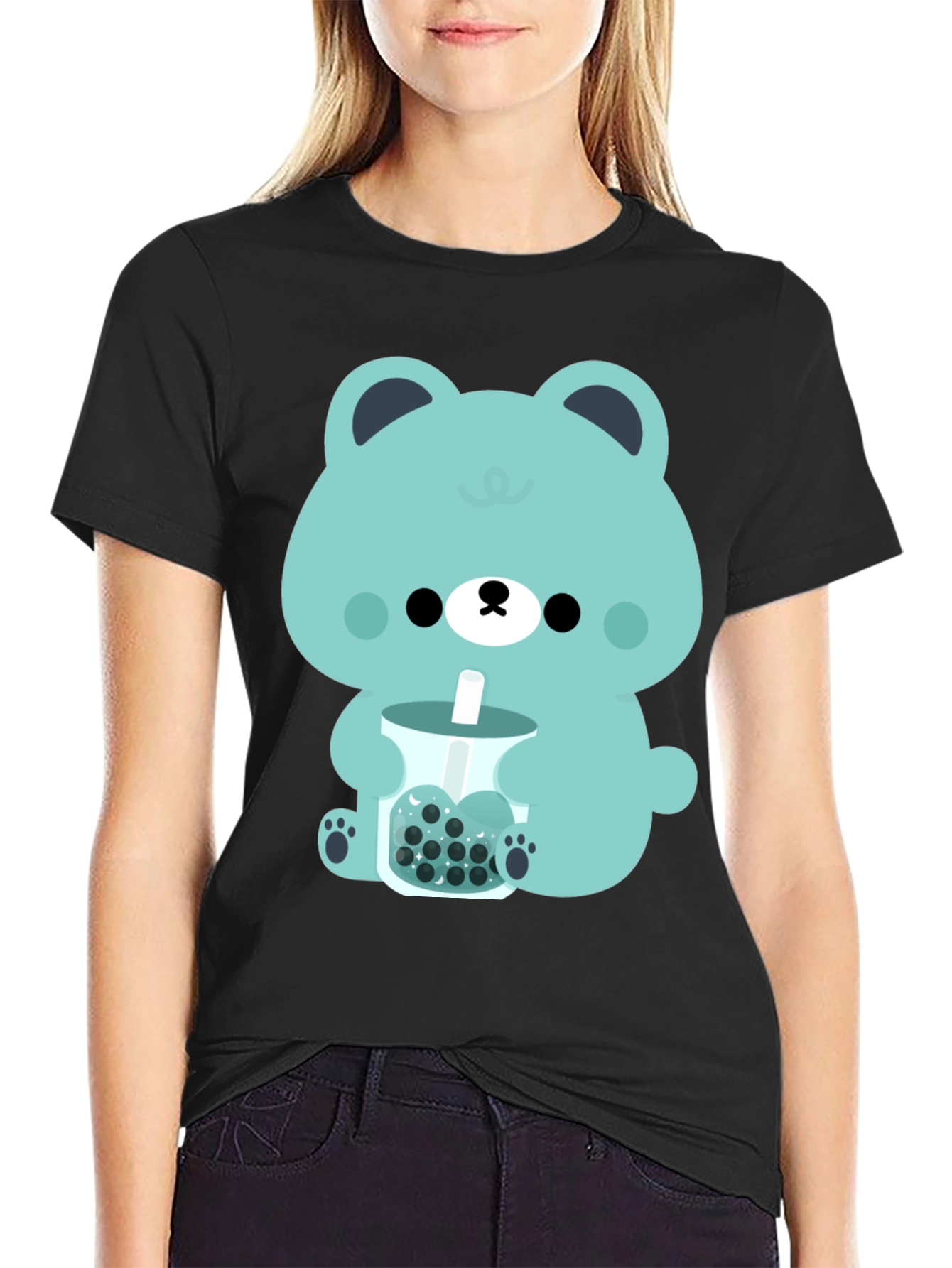 Black Cute Bear Bubble Tea Graphic Tee view 2