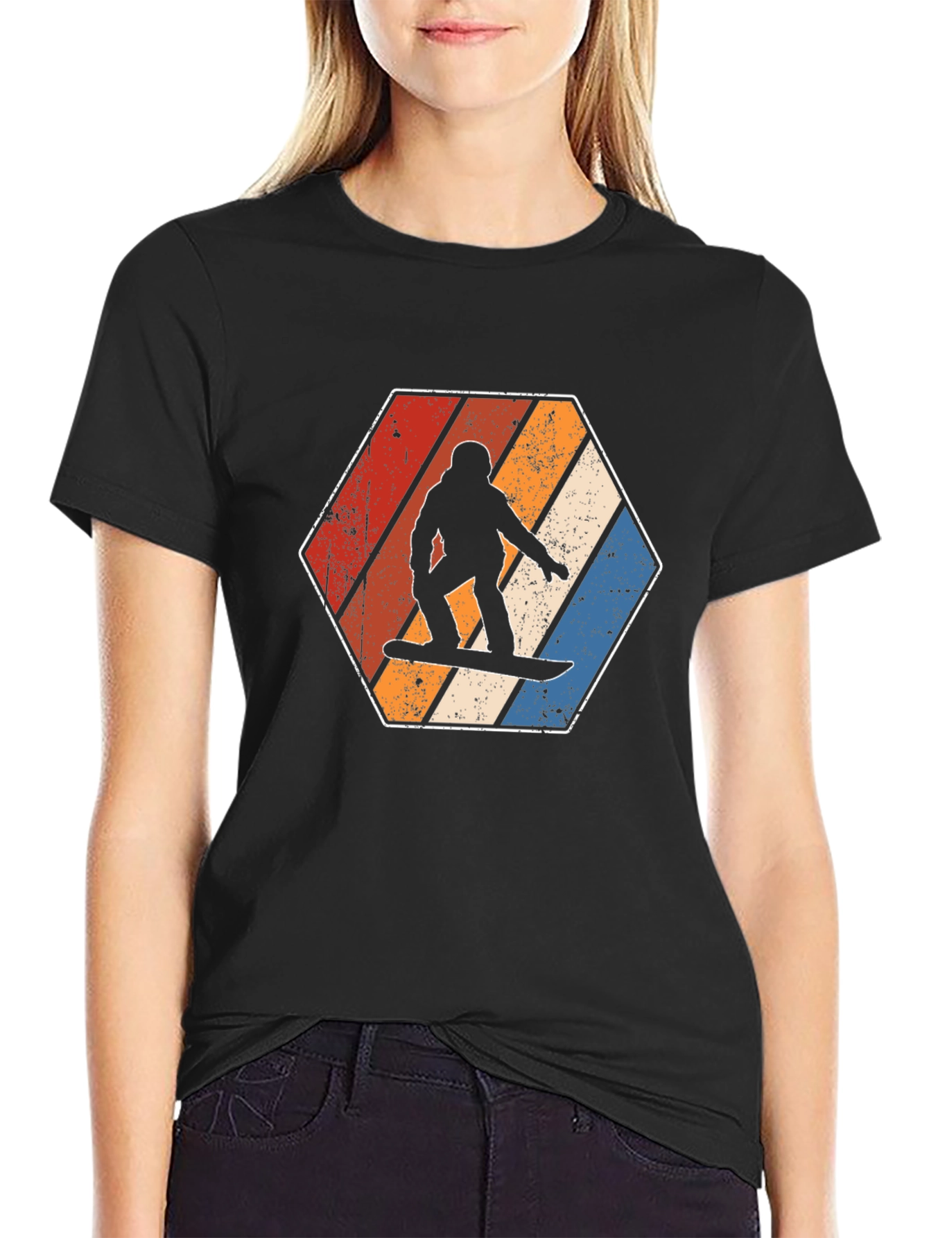 Black Vintage Snowboarder T-Shirt Retro Hexagon Design view 2