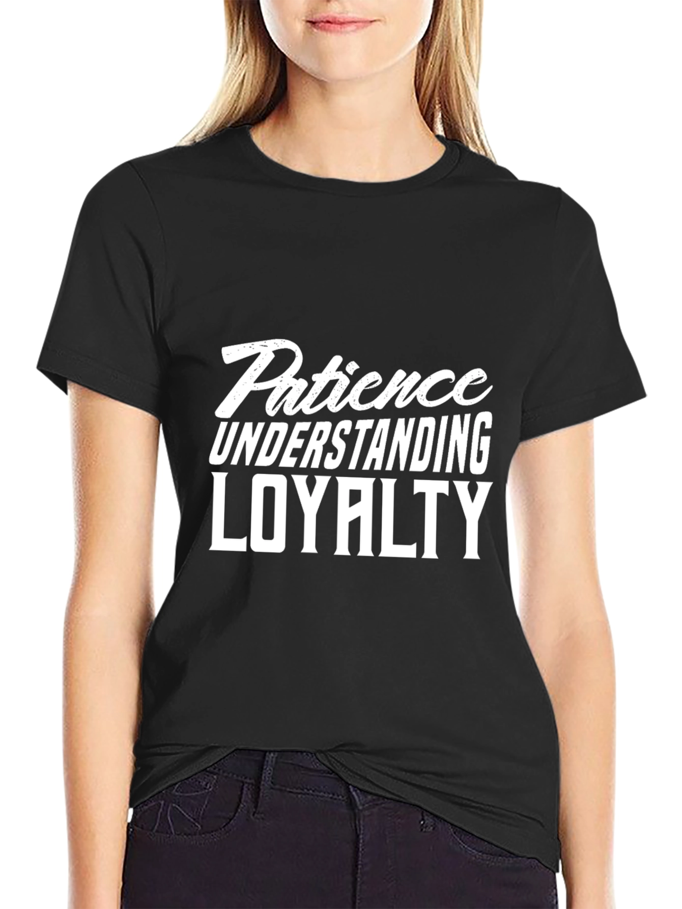 Black Men's Black T-Shirt with Patience, Understanding, Loyalty Print view 2