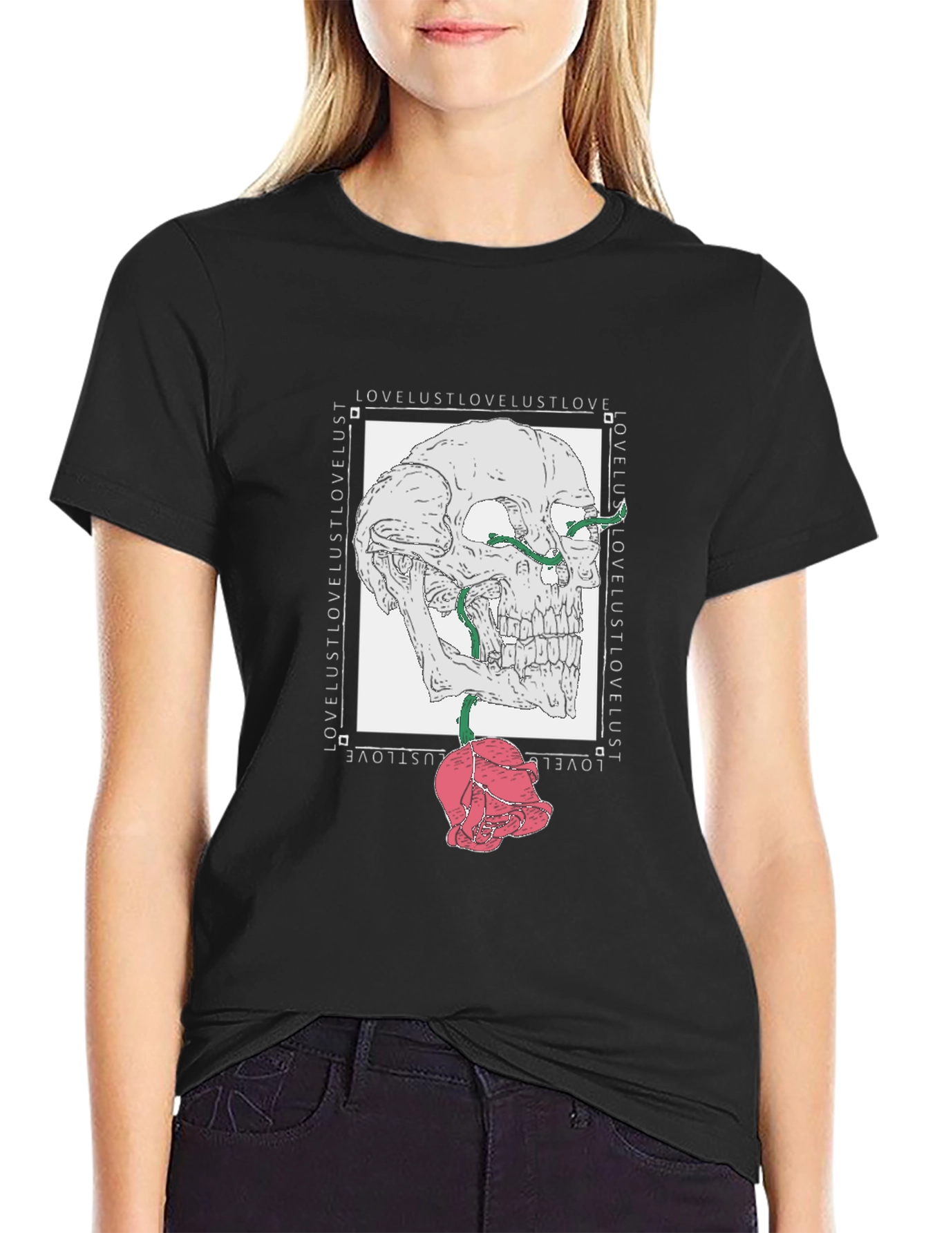 Black Skull & Rose Graphic Tee - Love Lust Design view 2