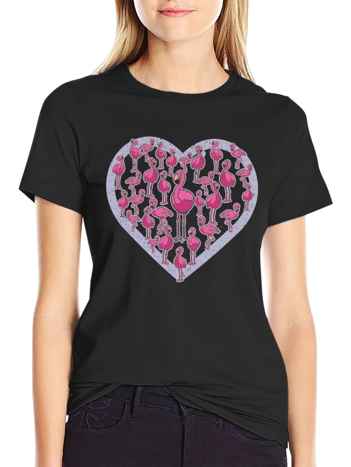 Black Flamingo Heart Graphic Tee - Casual Black T-Shirt view 2