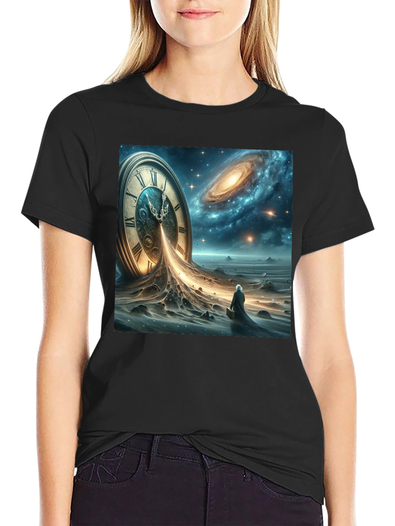 Black Time and Space Tee: Surreal Galaxy Clock Design view 2