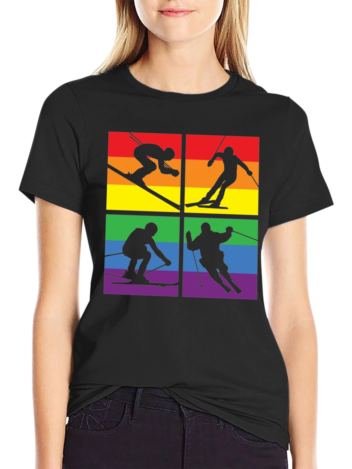 Black LGBTQ+ Pride Skiing T-Shirt view 2