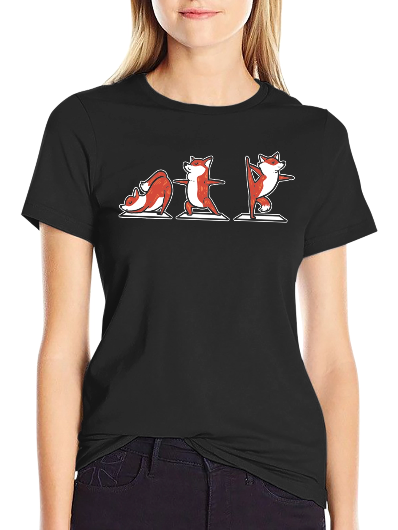 Black Yoga Fox Graphic Tee - Black Cotton T-Shirt view 2