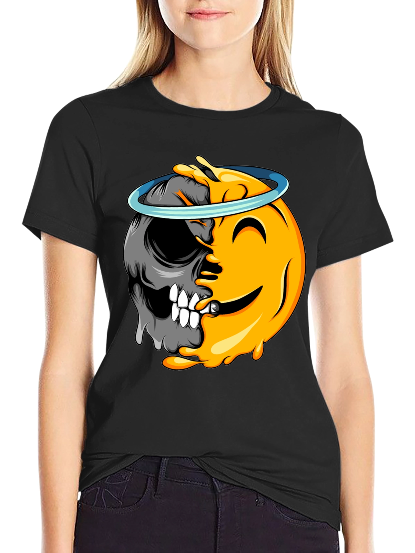 Black Emoji Half Skull Graphic Tee view 2