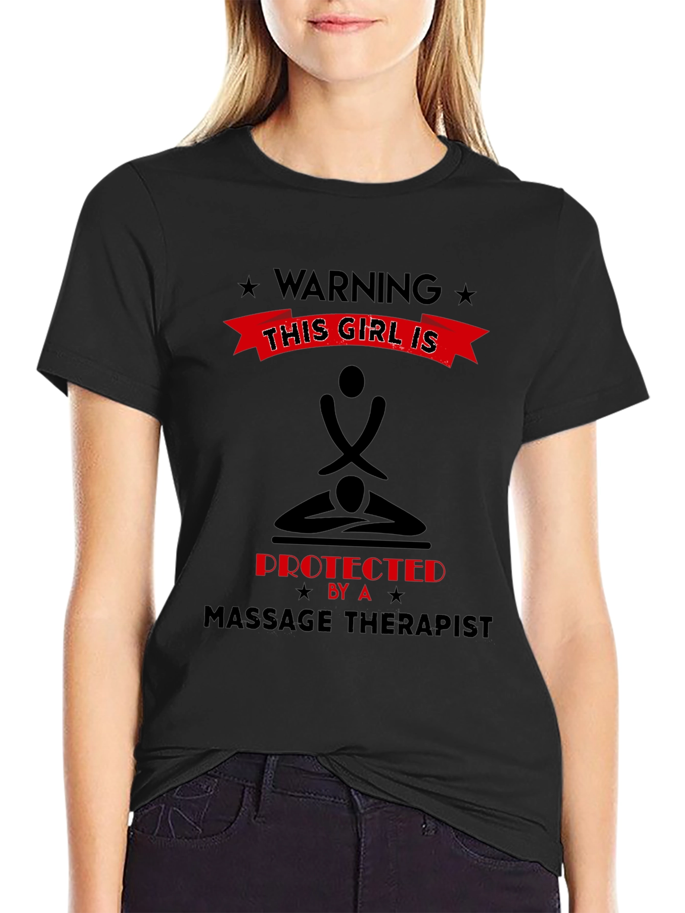 Black Warning Protected By Massage Therapist Graphic Tee view 2