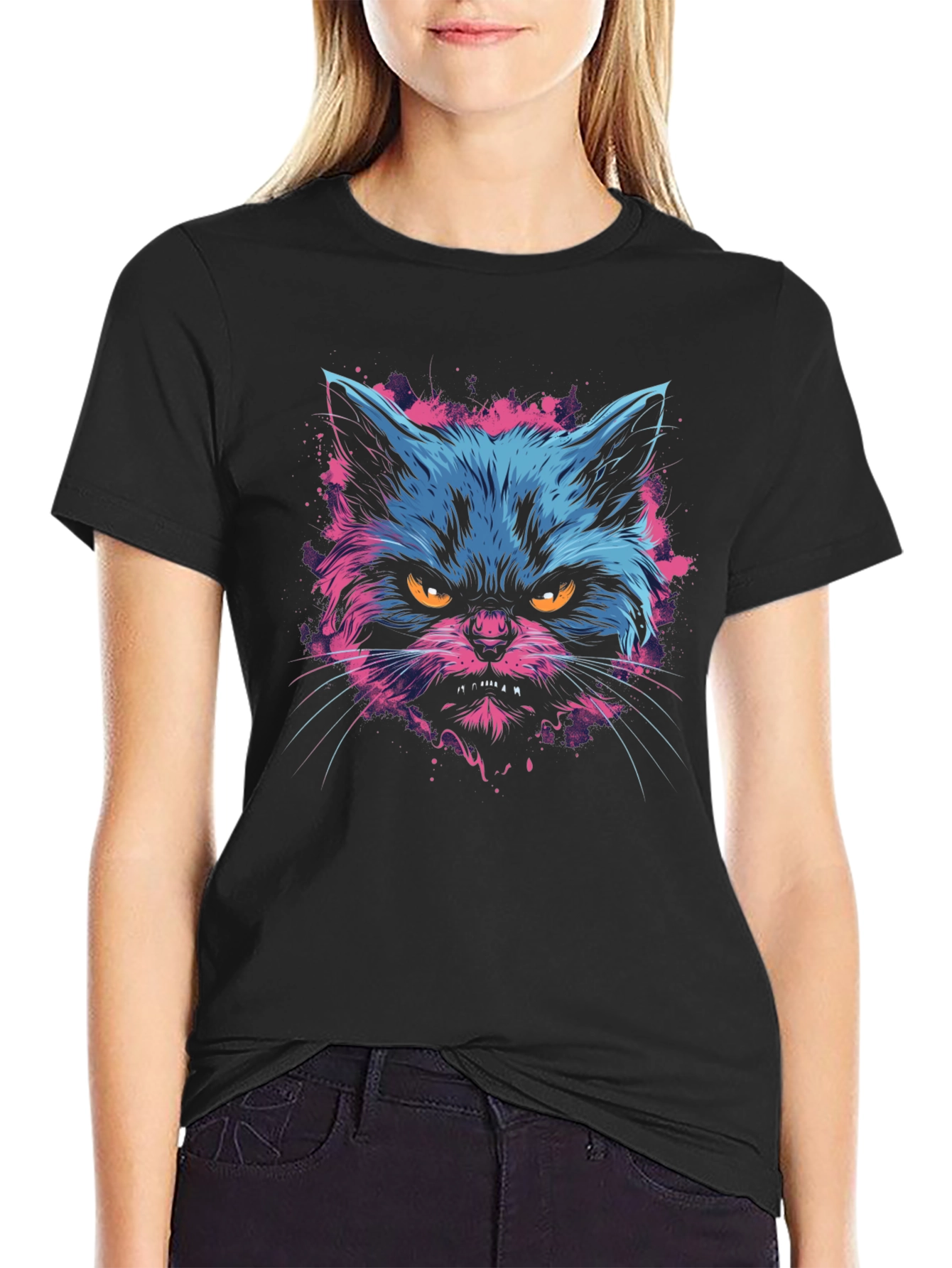 Black Neon Angry Cat Graphic Print Men's T-Shirt view 2