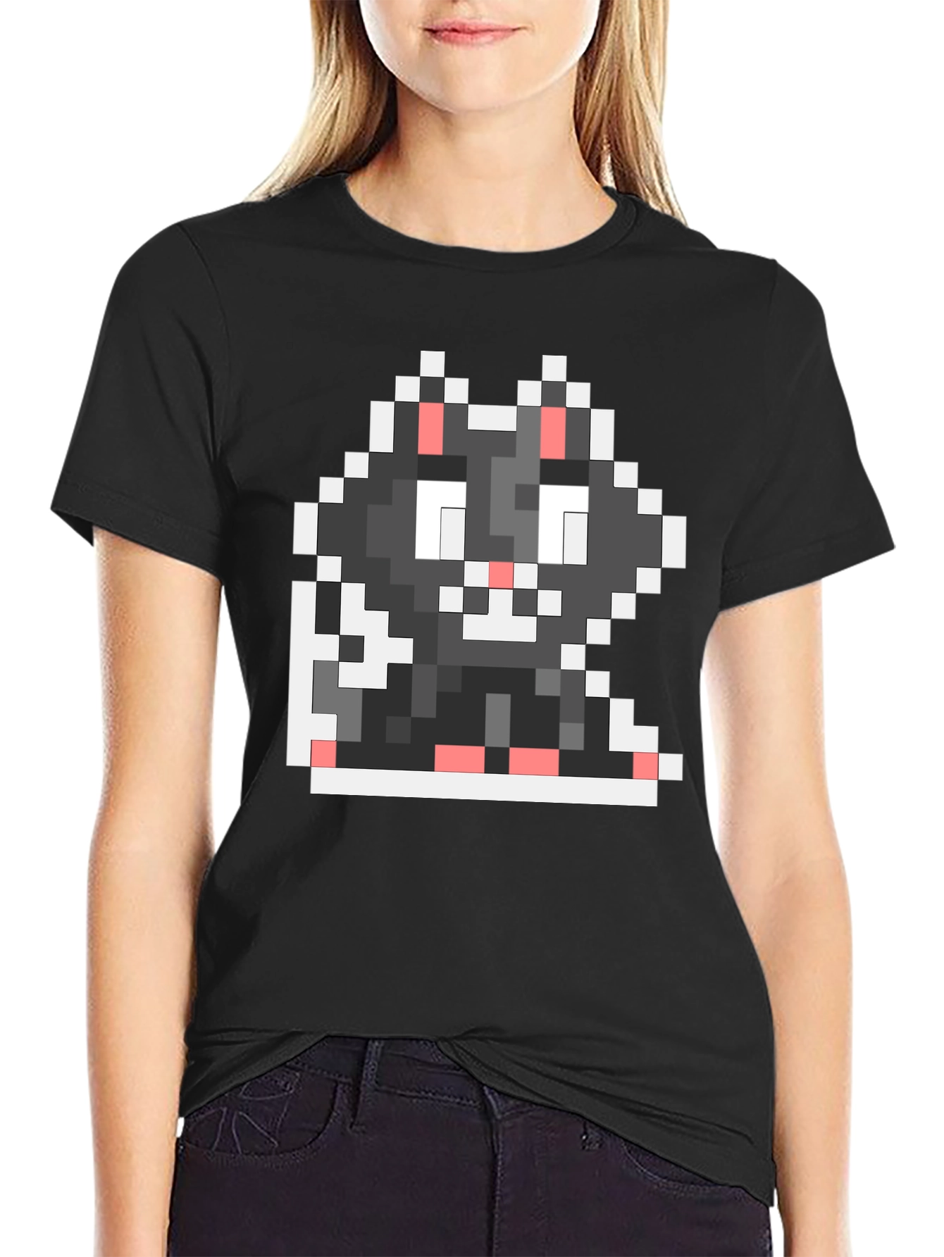 Black Pixel Cat Black T-Shirt view 2