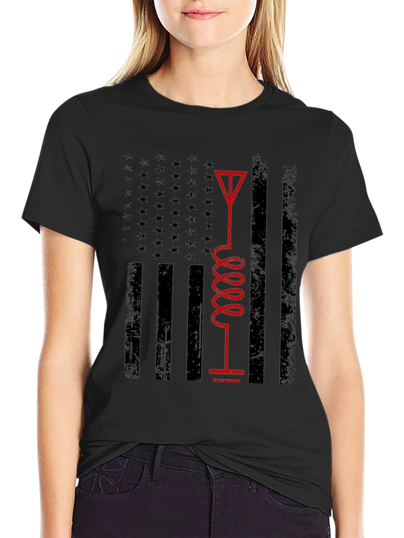 Black American Flag Ham Radio Operator T-Shirt view 2