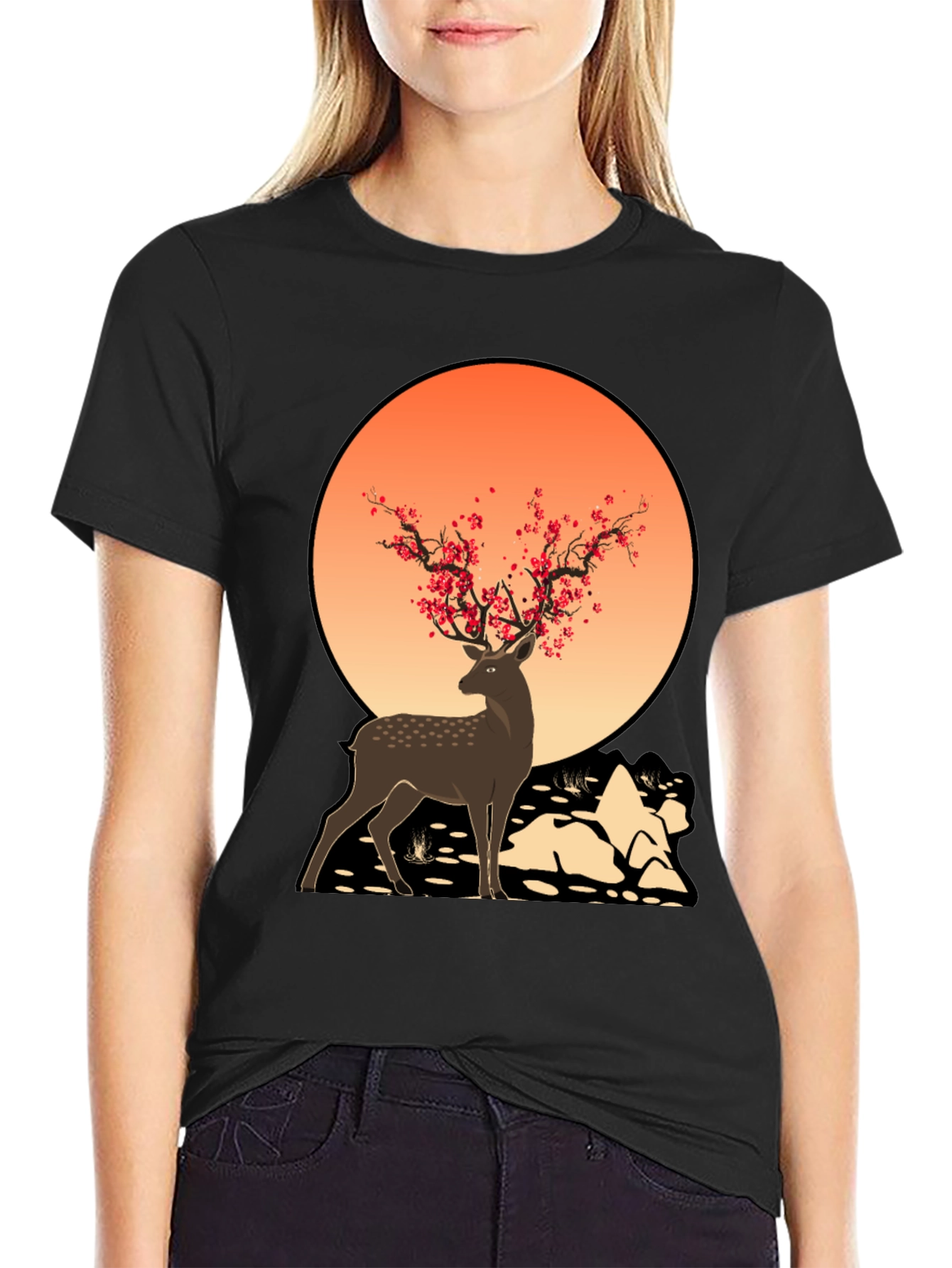 Black Deer and Blossom T-Shirt view 2