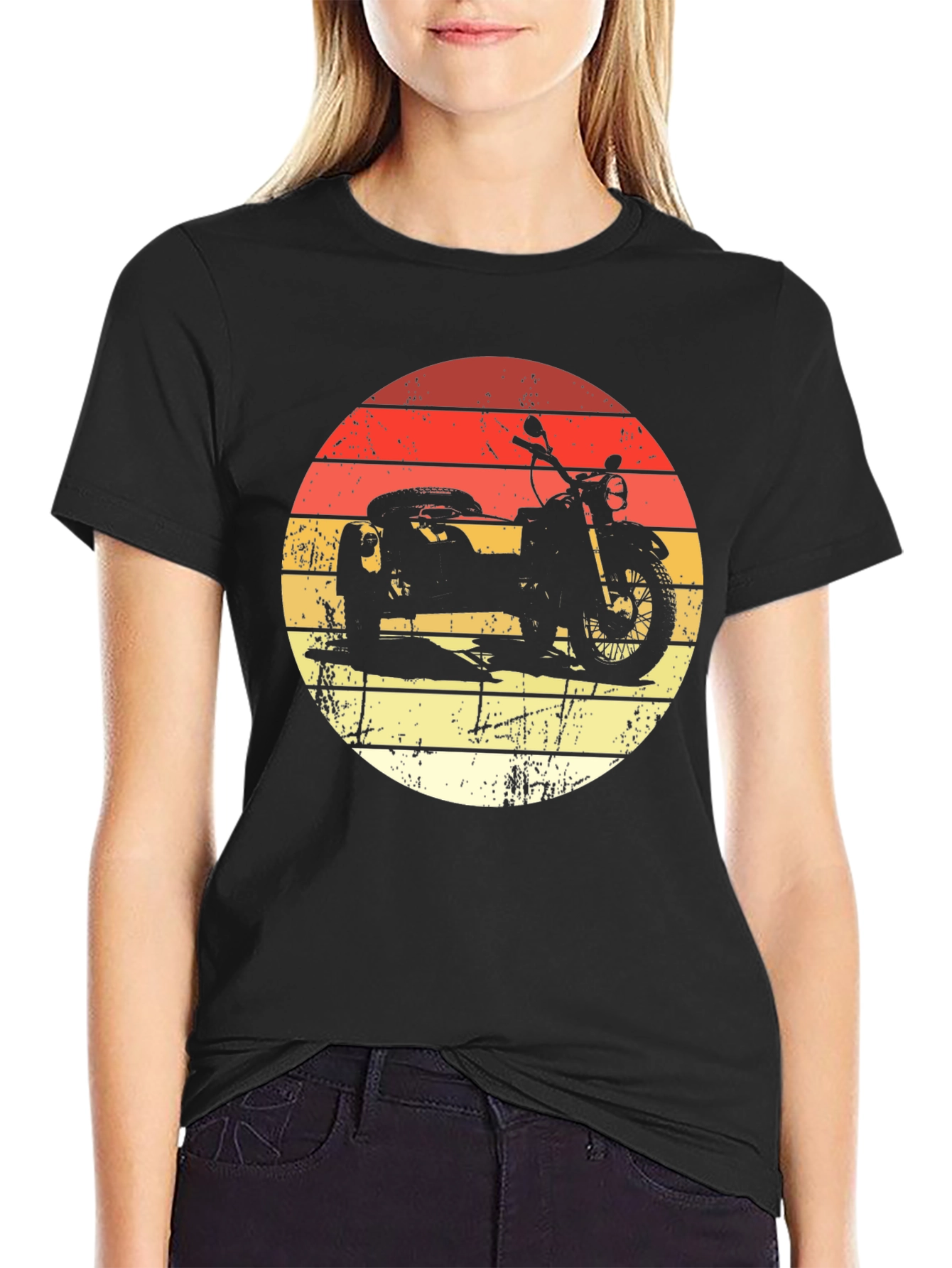 Black Retro Motorcycle & Sidecar Graphic Tee - Black Cotton T-Shirt view 2