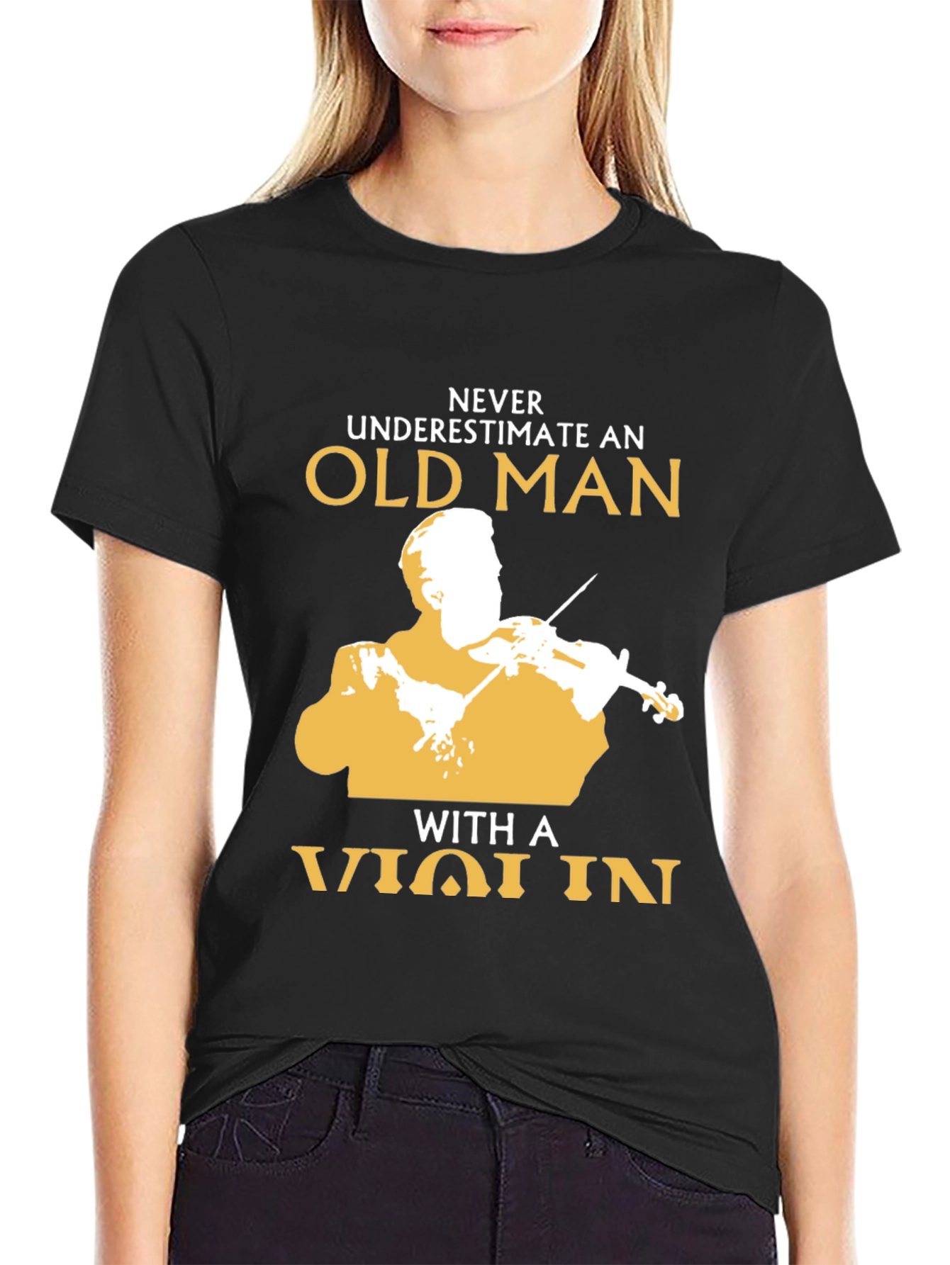 Black Never Underestimate Old Man with Violin Black T-Shirt view 2